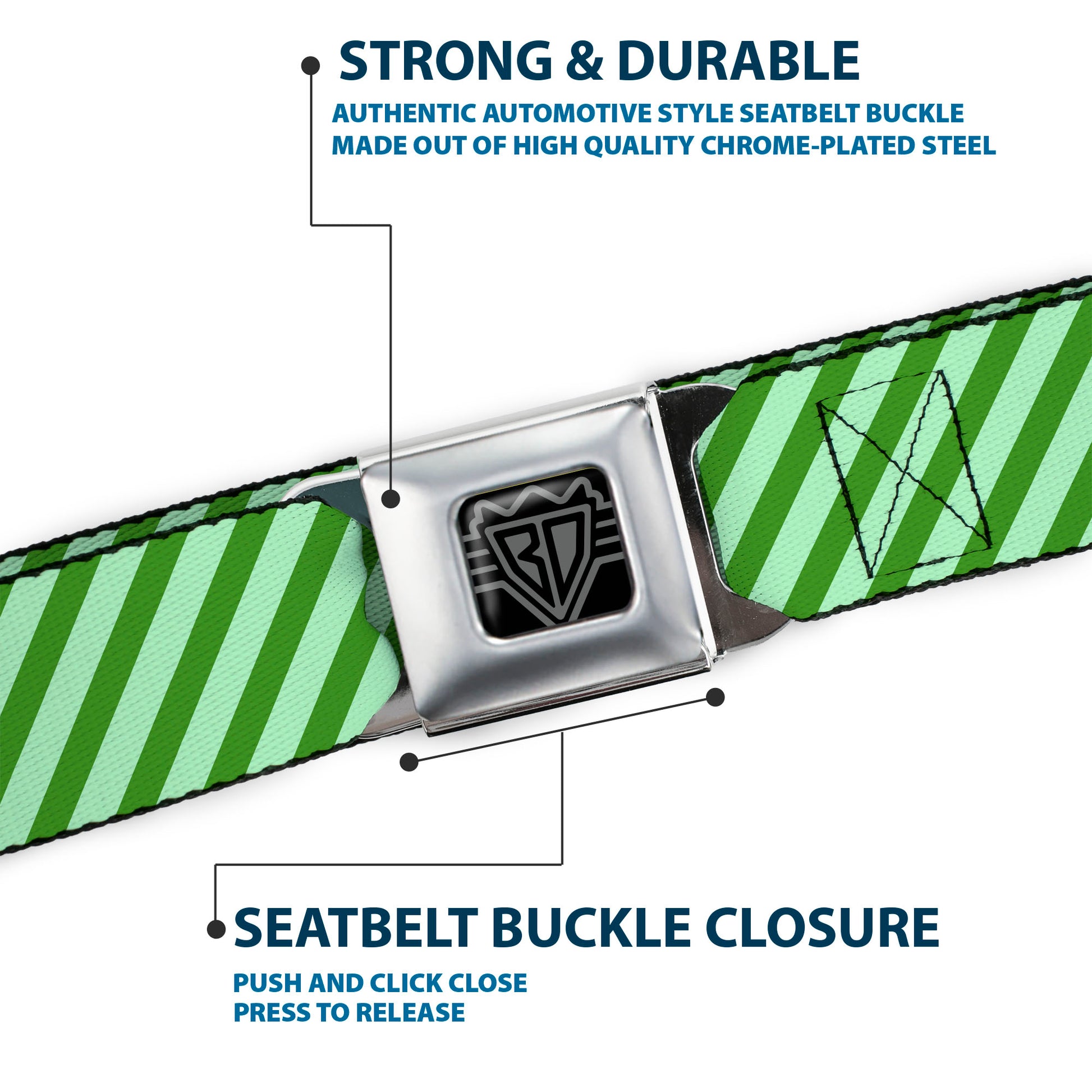 BD Wings Logo CLOSE-UP Full Color Black Silver Seatbelt Belt - Diagonal Stripes Pastel Greens Webbing Seatbelt Belts Buckle-Down