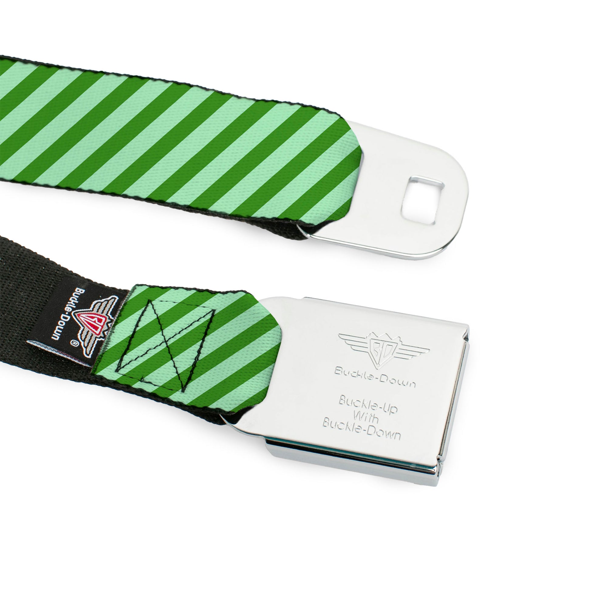 BD Wings Logo CLOSE-UP Full Color Black Silver Seatbelt Belt - Diagonal Stripes Pastel Greens Webbing Seatbelt Belts Buckle-Down