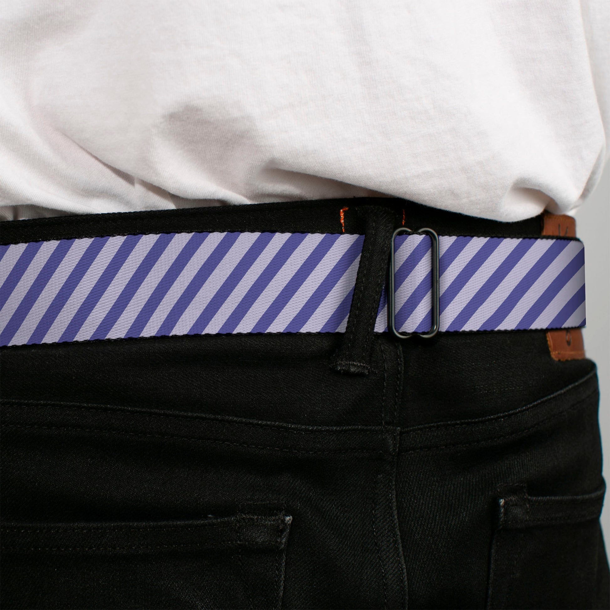 BD Wings Logo CLOSE-UP Full Color Black Silver Seatbelt Belt - Diagonal Stripes Pastel Blues Webbing Seatbelt Belts Buckle-Down
