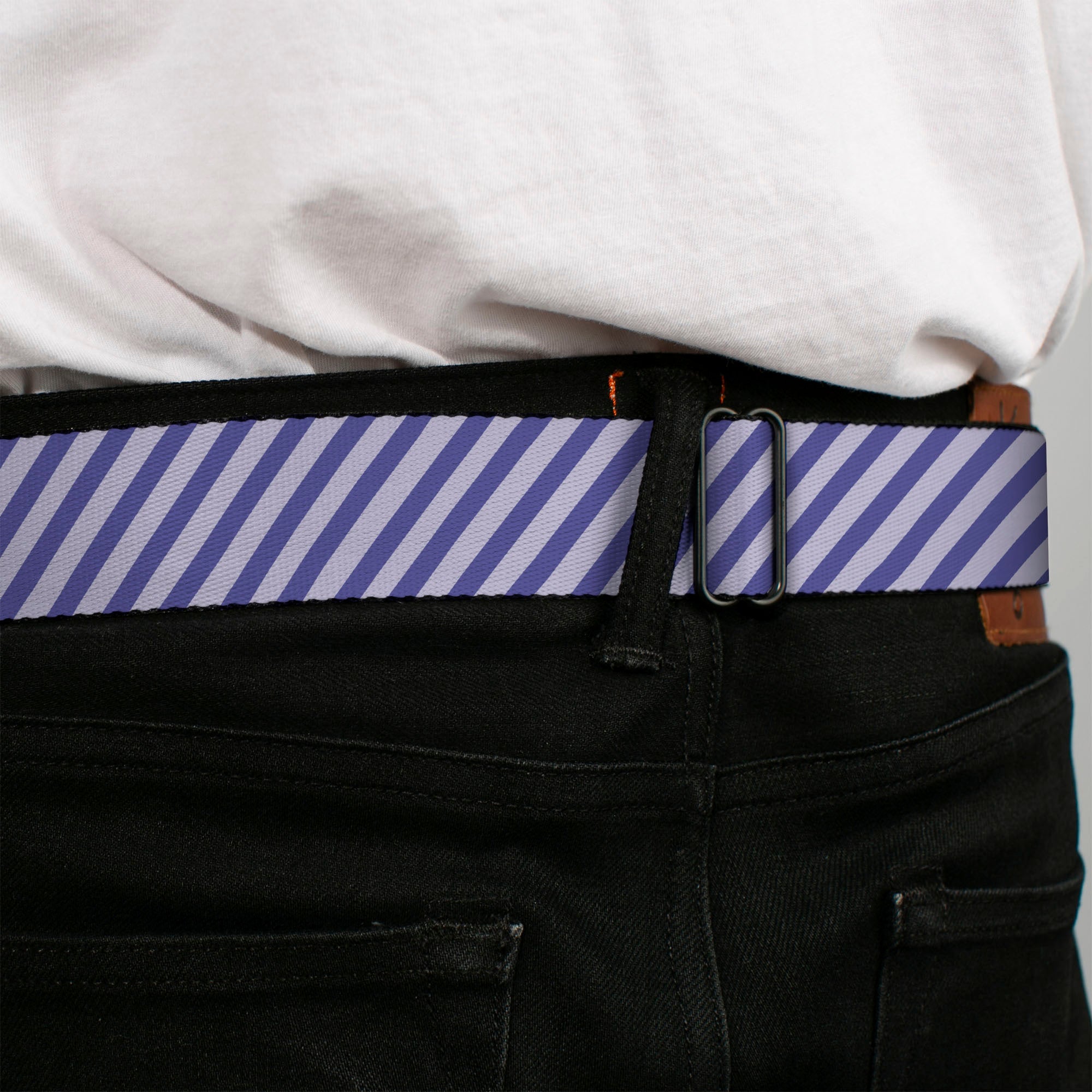 BD Wings Logo CLOSE-UP Full Color Black Silver Seatbelt Belt - Diagonal Stripes Pastel Blues Webbing Seatbelt Belts Buckle-Down