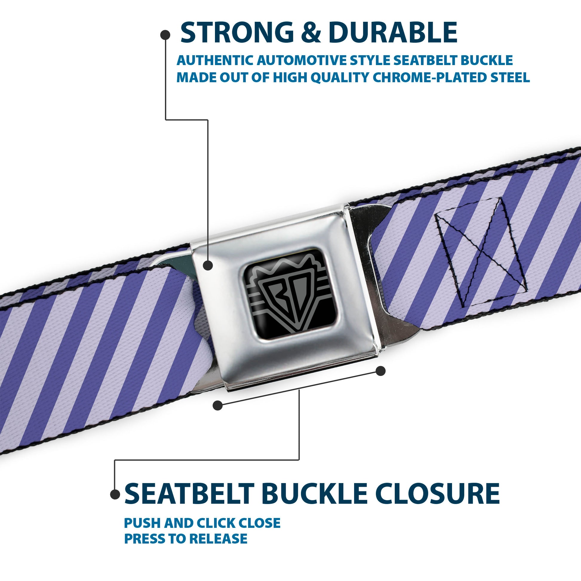 BD Wings Logo CLOSE-UP Full Color Black Silver Seatbelt Belt - Diagonal Stripes Pastel Blues Webbing Seatbelt Belts Buckle-Down