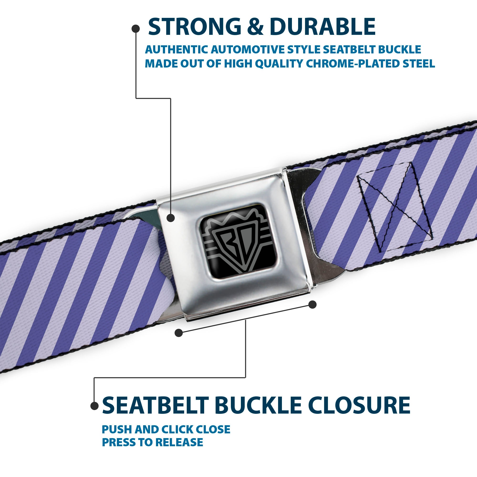 BD Wings Logo CLOSE-UP Full Color Black Silver Seatbelt Belt - Diagonal Stripes Pastel Blues Webbing Seatbelt Belts Buckle-Down
