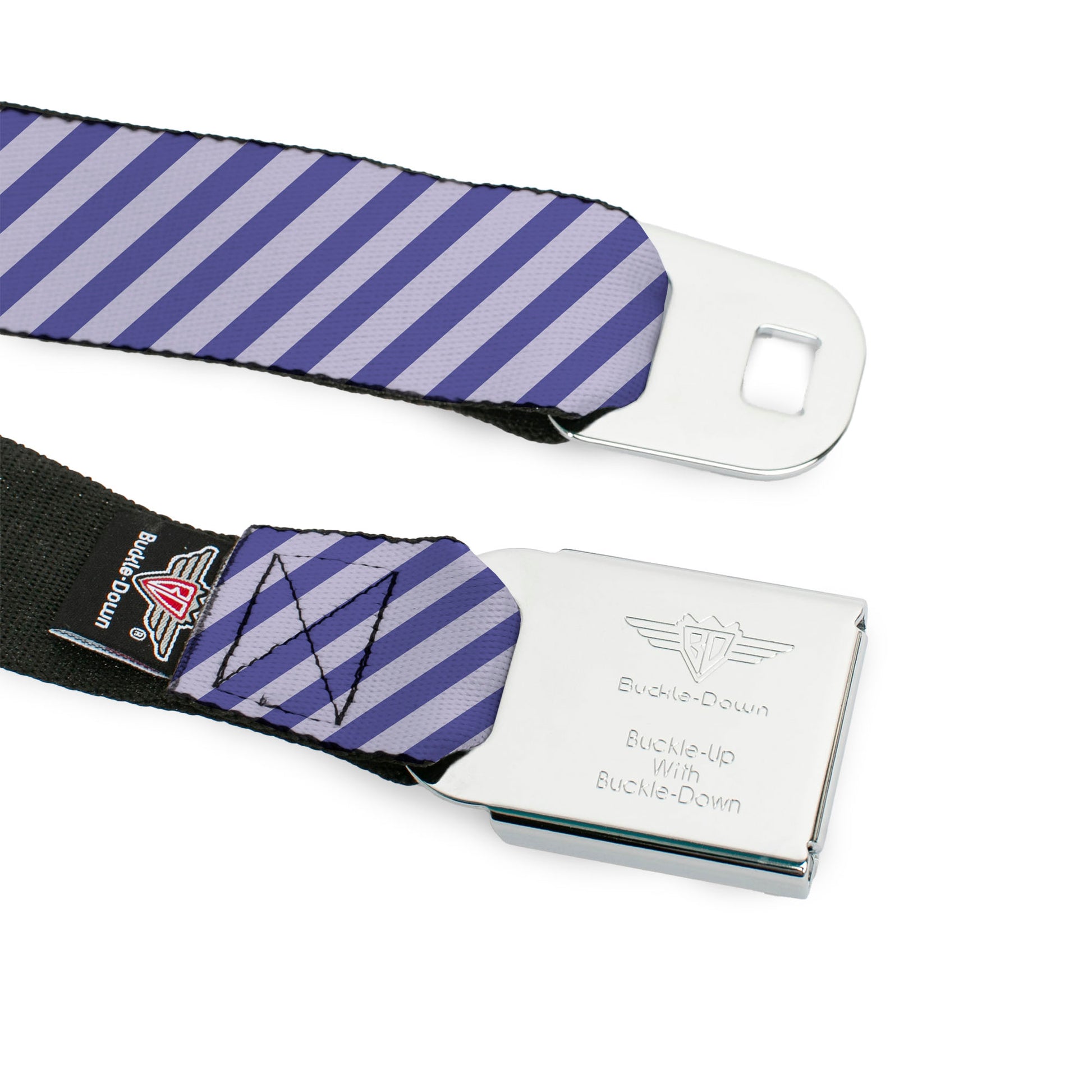 BD Wings Logo CLOSE-UP Full Color Black Silver Seatbelt Belt - Diagonal Stripes Pastel Blues Webbing Seatbelt Belts Buckle-Down