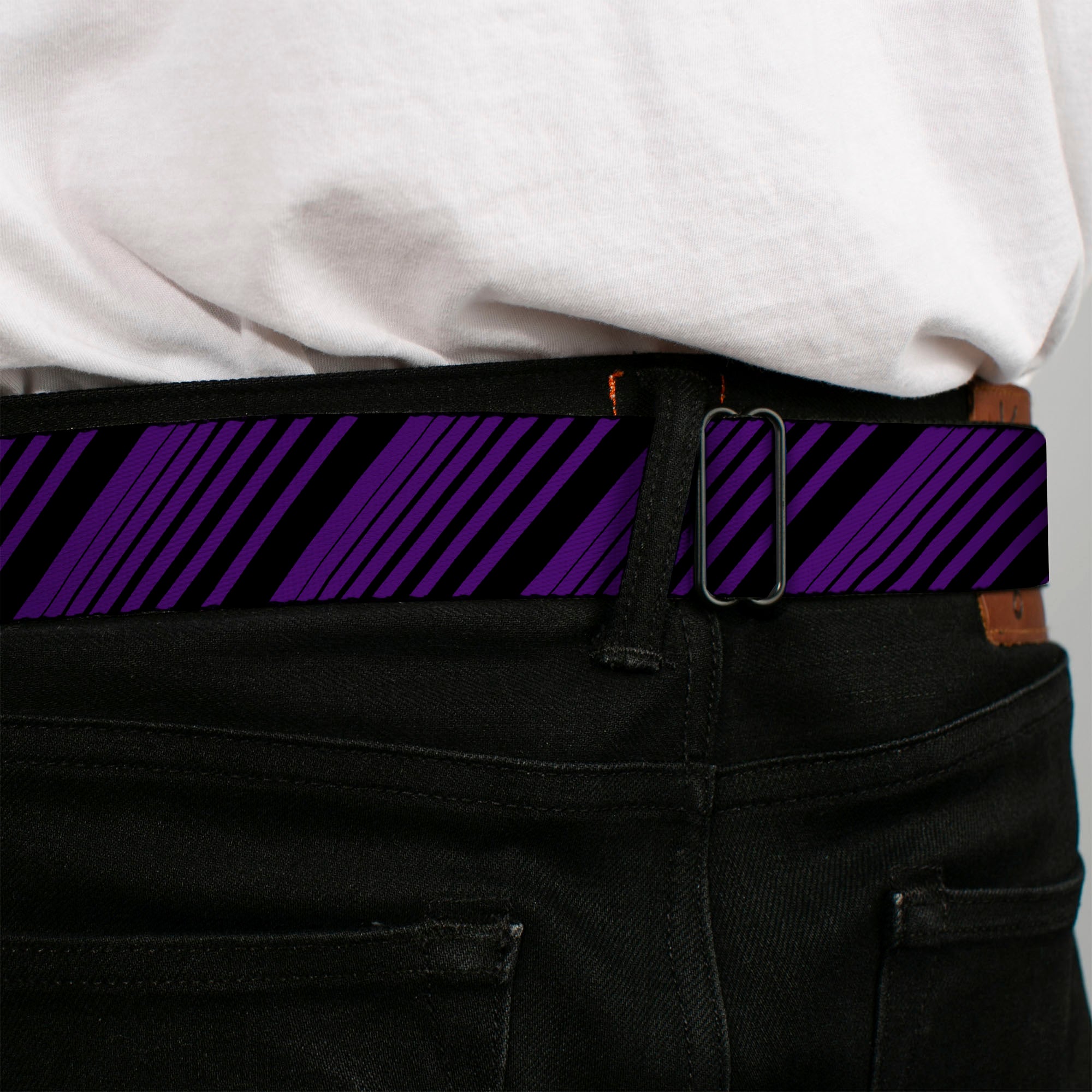 BD Wings Logo CLOSE-UP Full Color Black Silver Seatbelt Belt - Diagonal Stripes Purples Webbing Seatbelt Belts Buckle-Down