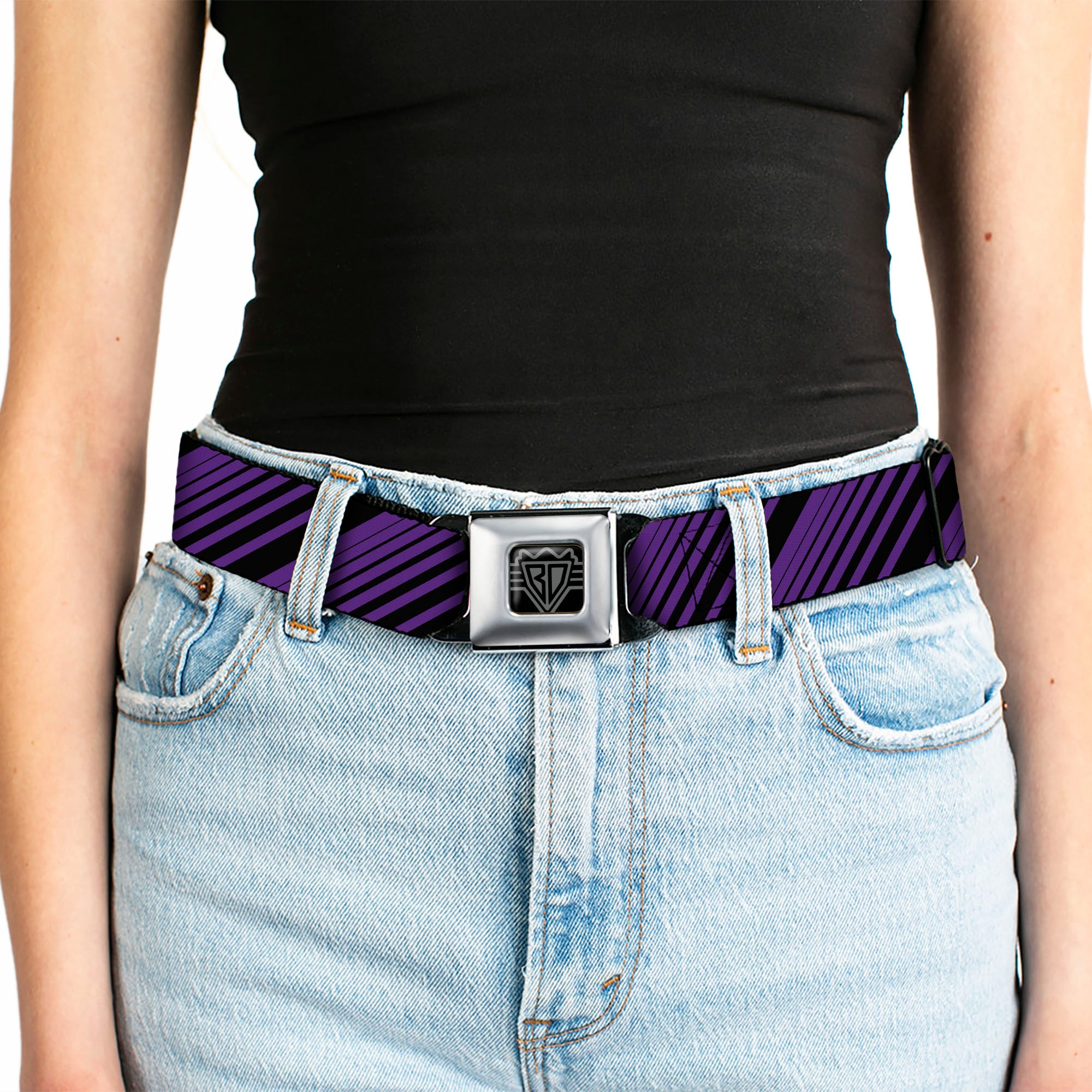 BD Wings Logo CLOSE-UP Full Color Black Silver Seatbelt Belt - Diagonal Stripes Purples Webbing Seatbelt Belts Buckle-Down