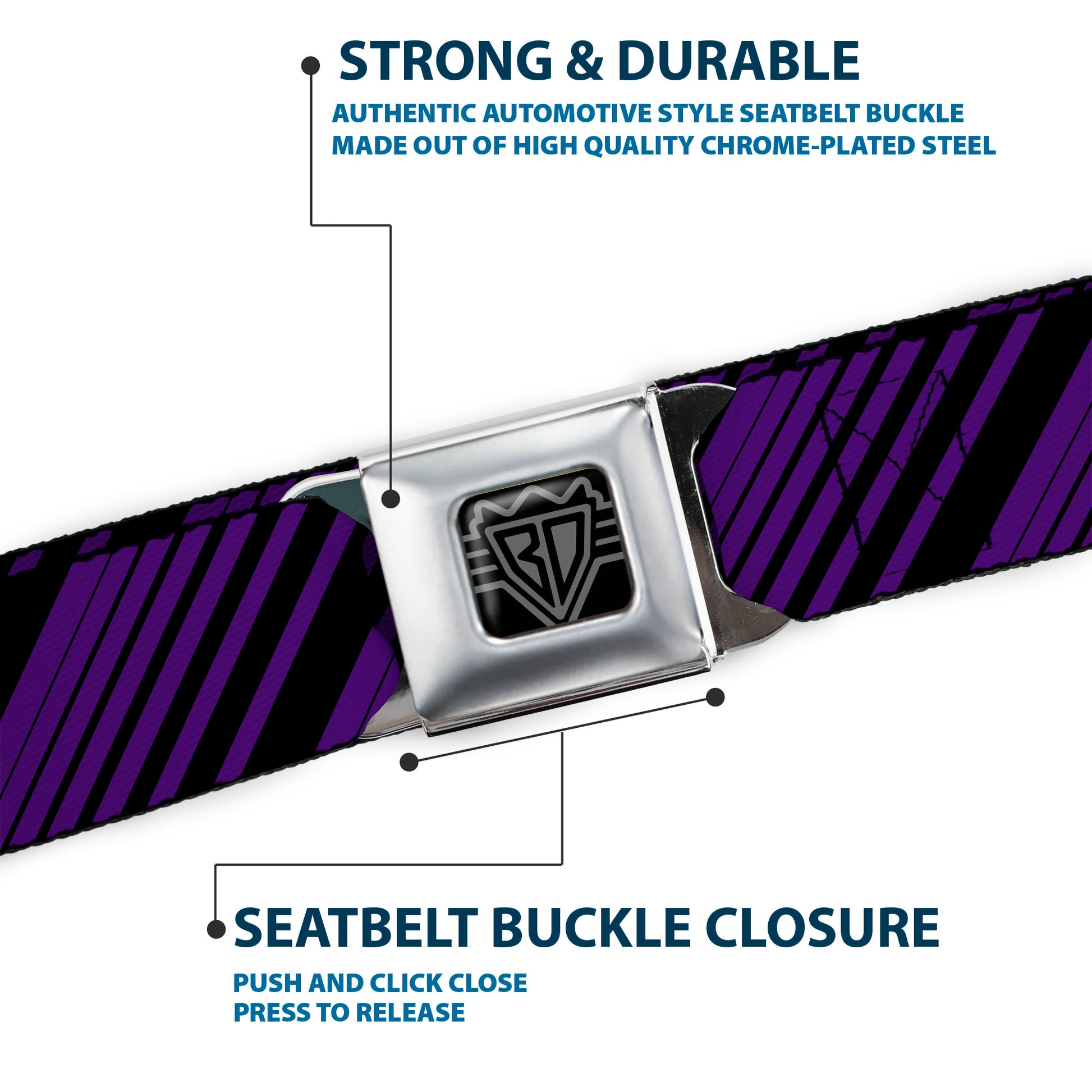 BD Wings Logo CLOSE-UP Full Color Black Silver Seatbelt Belt - Diagonal Stripes Purples Webbing Seatbelt Belts Buckle-Down