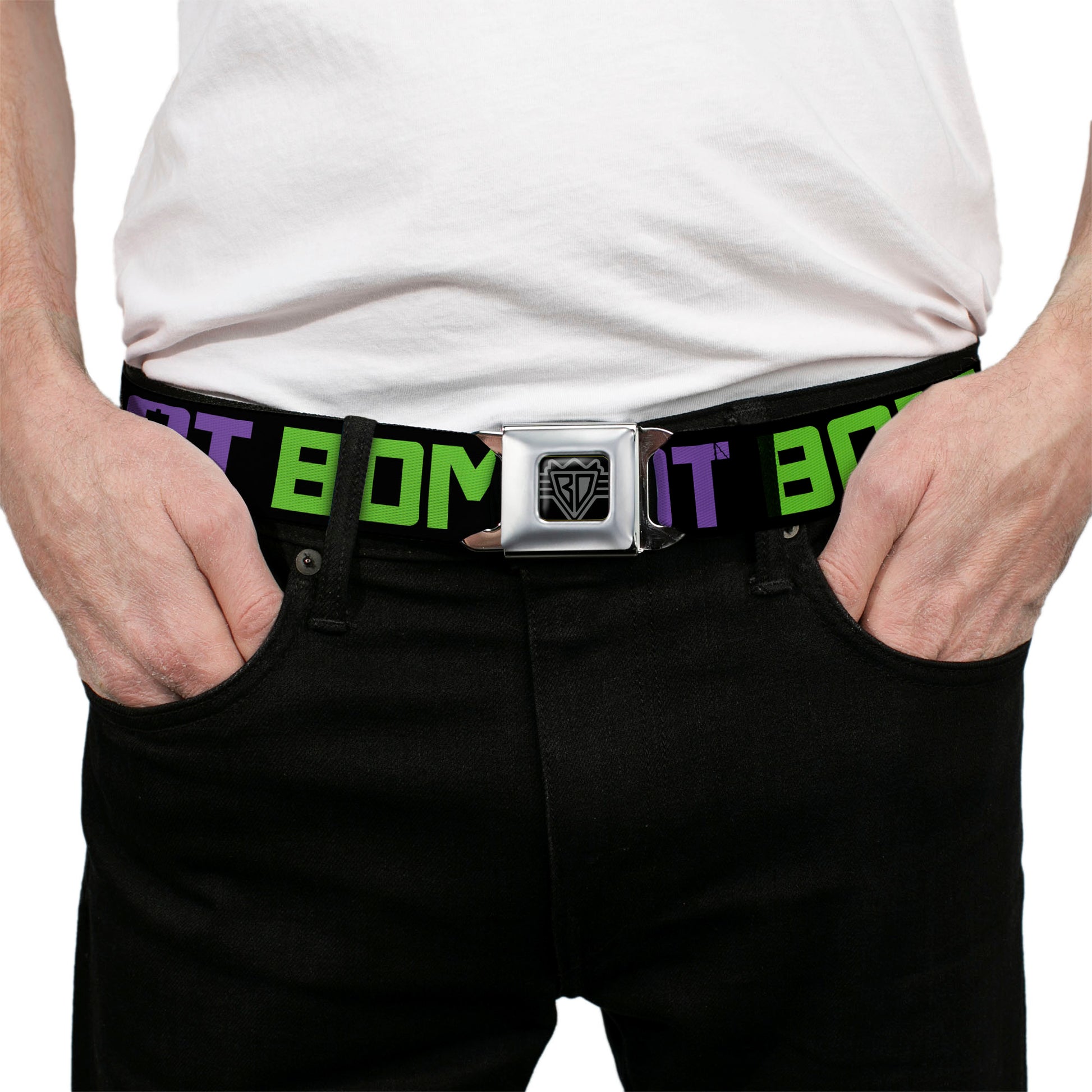 BD Wings Logo CLOSE-UP Full Color Black Silver Seatbelt Belt - DROP BASS NOT BOMBS Black/Blue/Yellow/Purple/Green Webbing Seatbelt Belts Buckle-Down