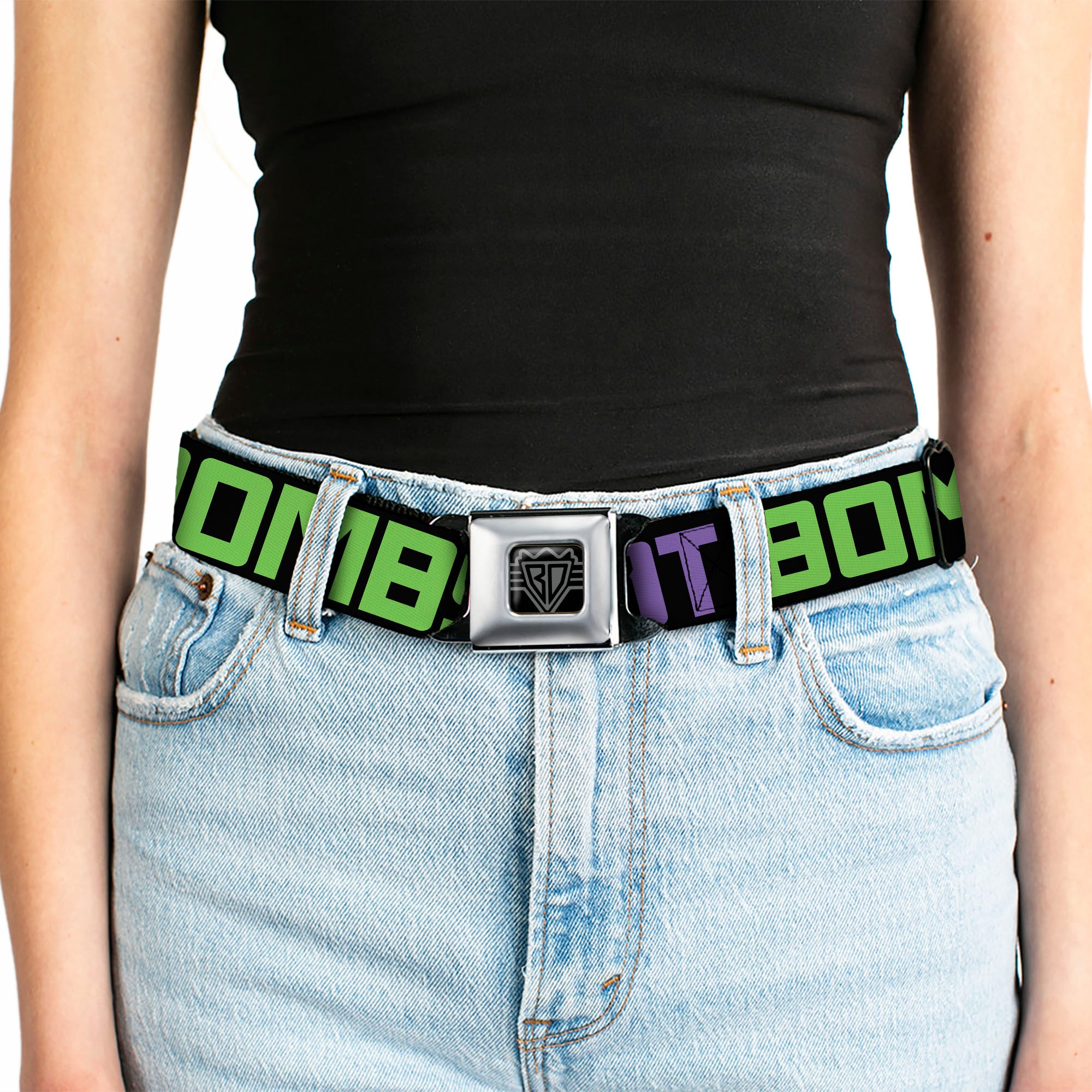 BD Wings Logo CLOSE-UP Full Color Black Silver Seatbelt Belt - DROP BASS NOT BOMBS Black/Blue/Yellow/Purple/Green Webbing Seatbelt Belts Buckle-Down