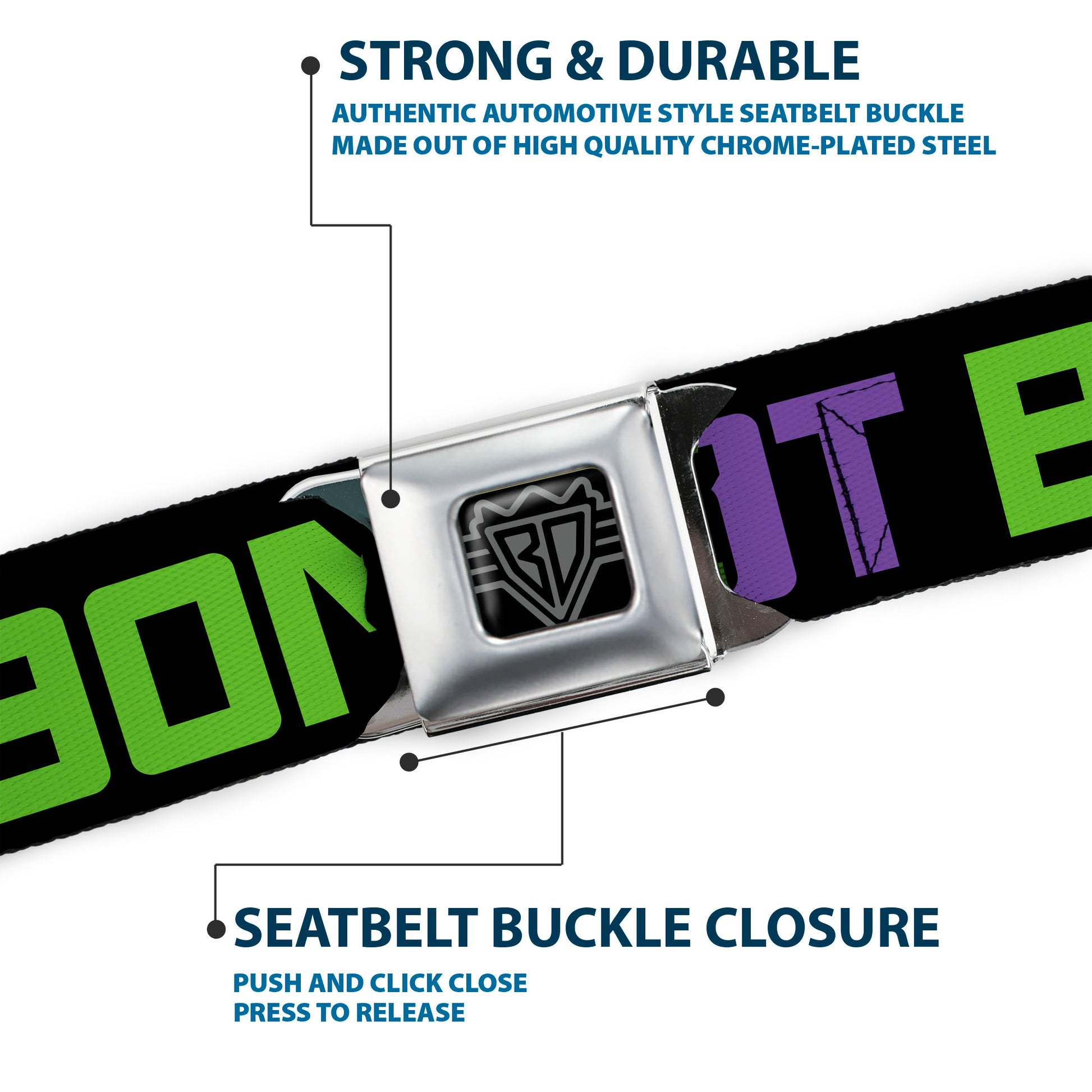 BD Wings Logo CLOSE-UP Full Color Black Silver Seatbelt Belt - DROP BASS NOT BOMBS Black/Blue/Yellow/Purple/Green Webbing Seatbelt Belts Buckle-Down