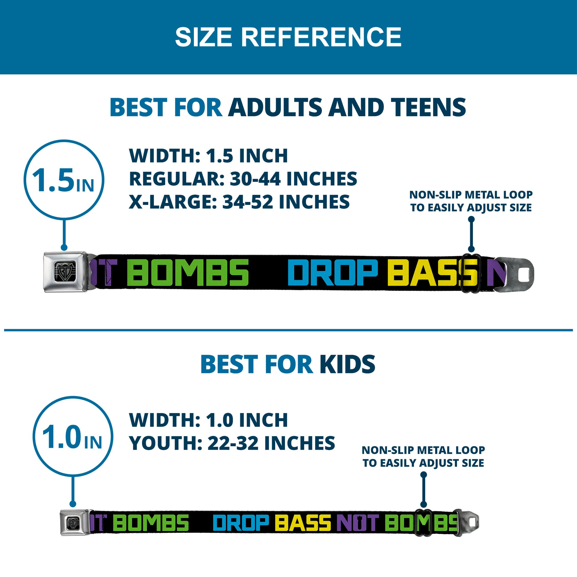 BD Wings Logo CLOSE-UP Full Color Black Silver Seatbelt Belt - DROP BASS NOT BOMBS Black/Blue/Yellow/Purple/Green Webbing Seatbelt Belts Buckle-Down