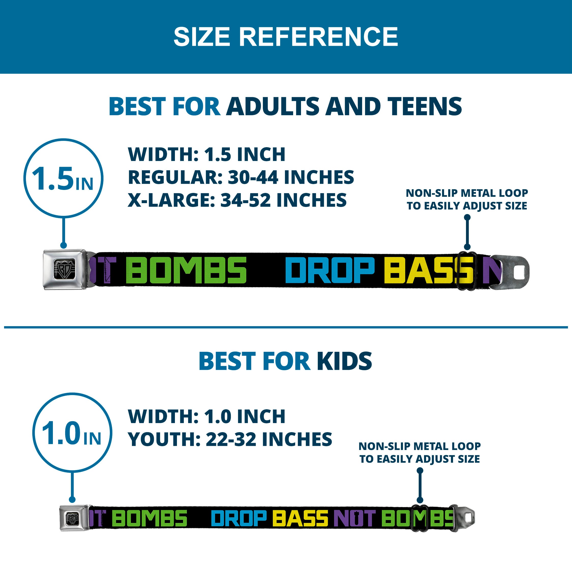 BD Wings Logo CLOSE-UP Full Color Black Silver Seatbelt Belt - DROP BASS NOT BOMBS Black/Blue/Yellow/Purple/Green Webbing Seatbelt Belts Buckle-Down