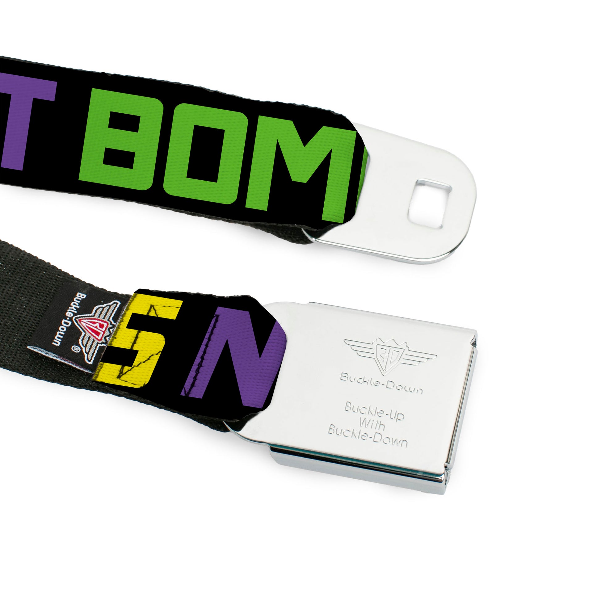 BD Wings Logo CLOSE-UP Full Color Black Silver Seatbelt Belt - DROP BASS NOT BOMBS Black/Blue/Yellow/Purple/Green Webbing Seatbelt Belts Buckle-Down