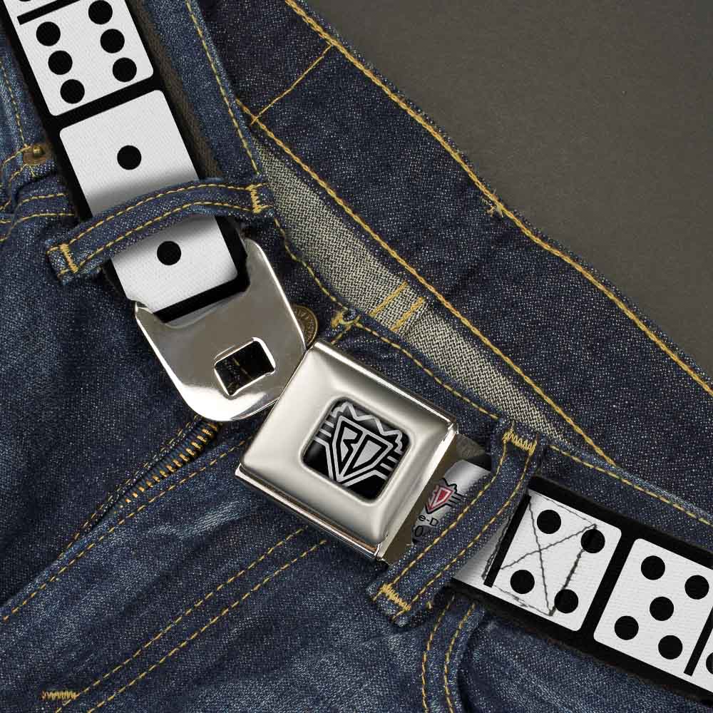 BD Wings Logo CLOSE-UP Full Color Black Silver Seatbelt Belt - Dominoes Black/White/Black Webbing Seatbelt Belts Buckle-Down