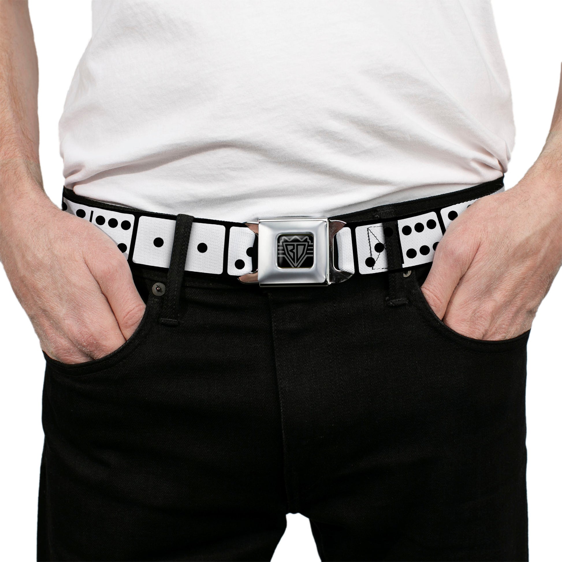 BD Wings Logo CLOSE-UP Full Color Black Silver Seatbelt Belt - Dominoes Black/White/Black Webbing Seatbelt Belts Buckle-Down
