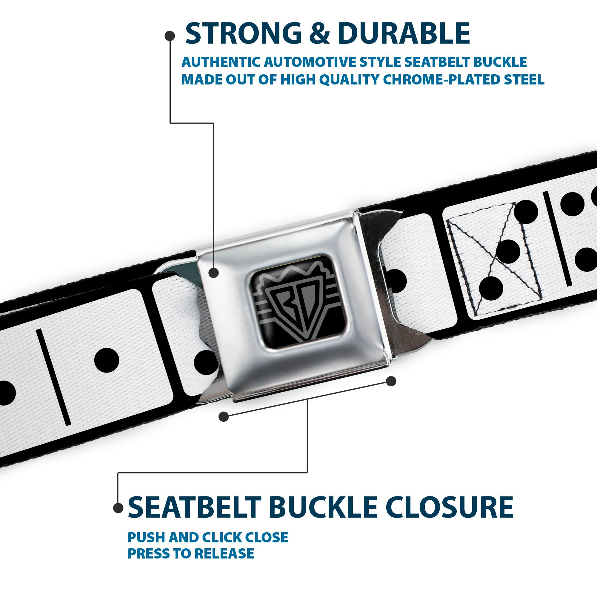 BD Wings Logo CLOSE-UP Full Color Black Silver Seatbelt Belt - Dominoes Black/White/Black Webbing Seatbelt Belts Buckle-Down
