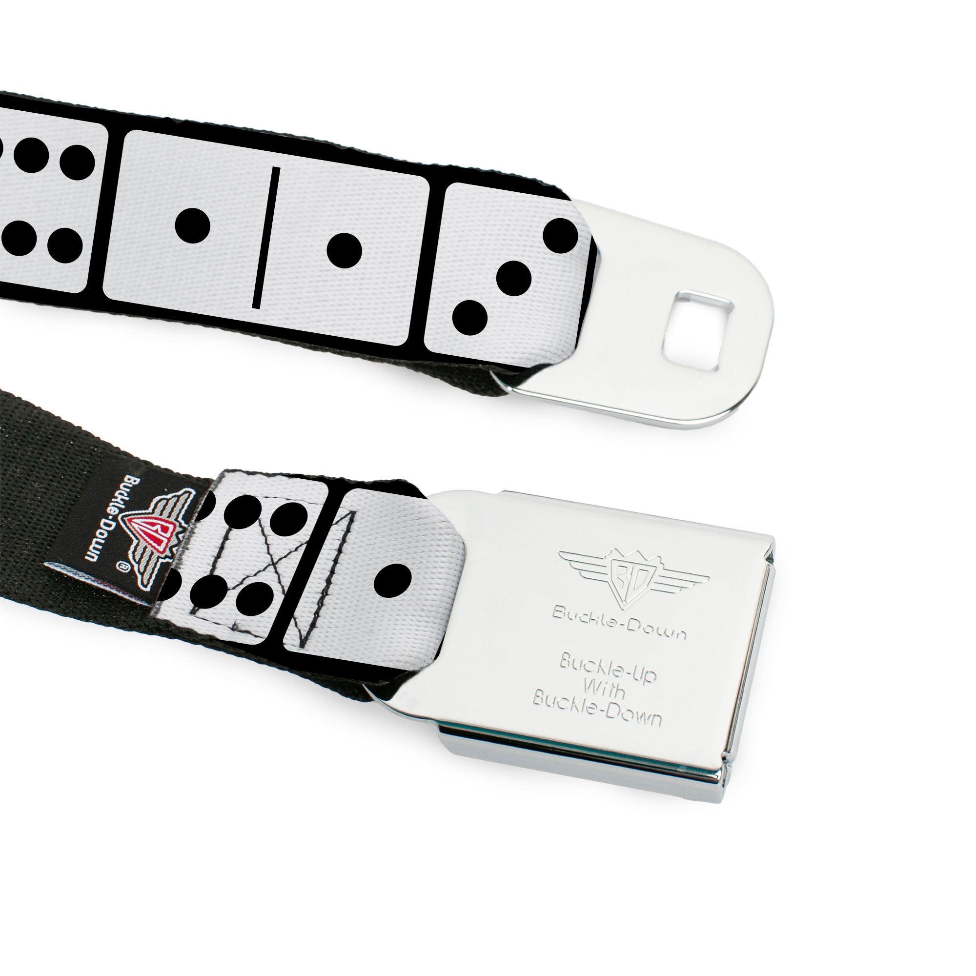 BD Wings Logo CLOSE-UP Full Color Black Silver Seatbelt Belt - Dominoes Black/White/Black Webbing Seatbelt Belts Buckle-Down
