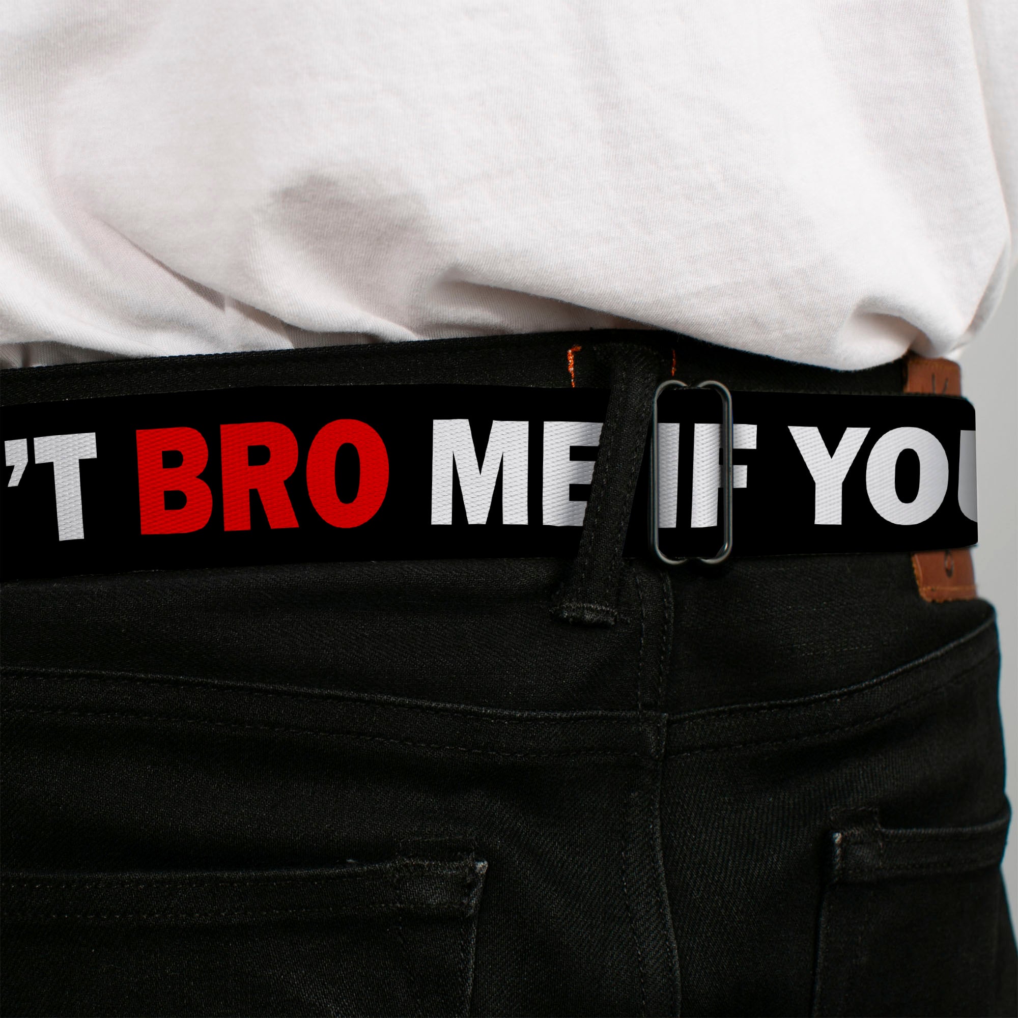 BD Wings Logo CLOSE-UP Full Color Black Silver Seatbelt Belt - DON'T BRO ME IF YOU DON'T KNOW ME Black/White/Red Webbing Seatbelt Belts Buckle-Down