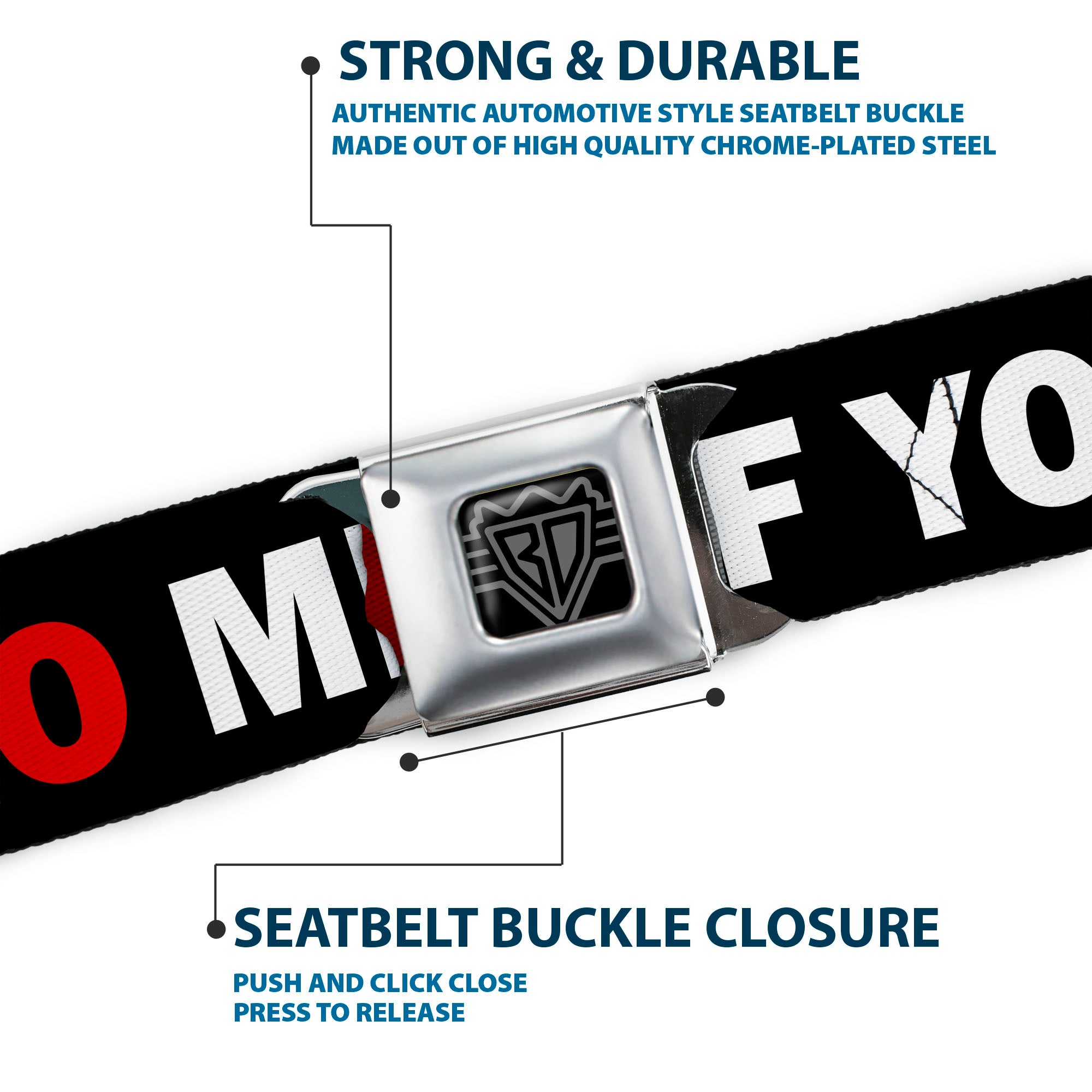 BD Wings Logo CLOSE-UP Full Color Black Silver Seatbelt Belt - DON'T BRO ME IF YOU DON'T KNOW ME Black/White/Red Webbing Seatbelt Belts Buckle-Down