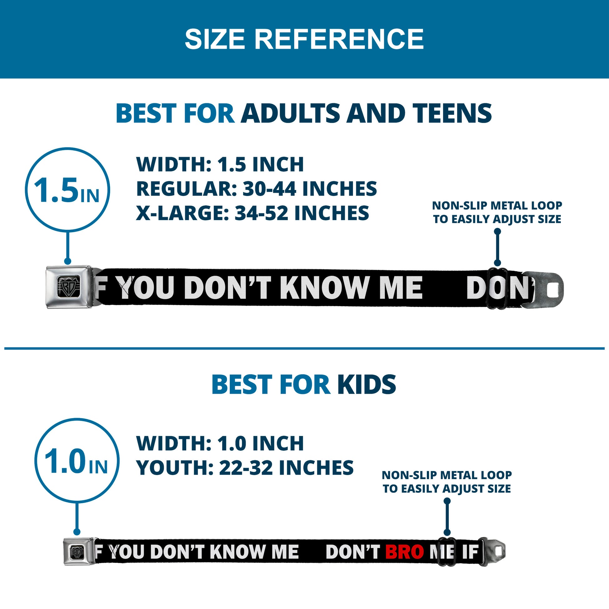 BD Wings Logo CLOSE-UP Full Color Black Silver Seatbelt Belt - DON'T BRO ME IF YOU DON'T KNOW ME Black/White/Red Webbing Seatbelt Belts Buckle-Down