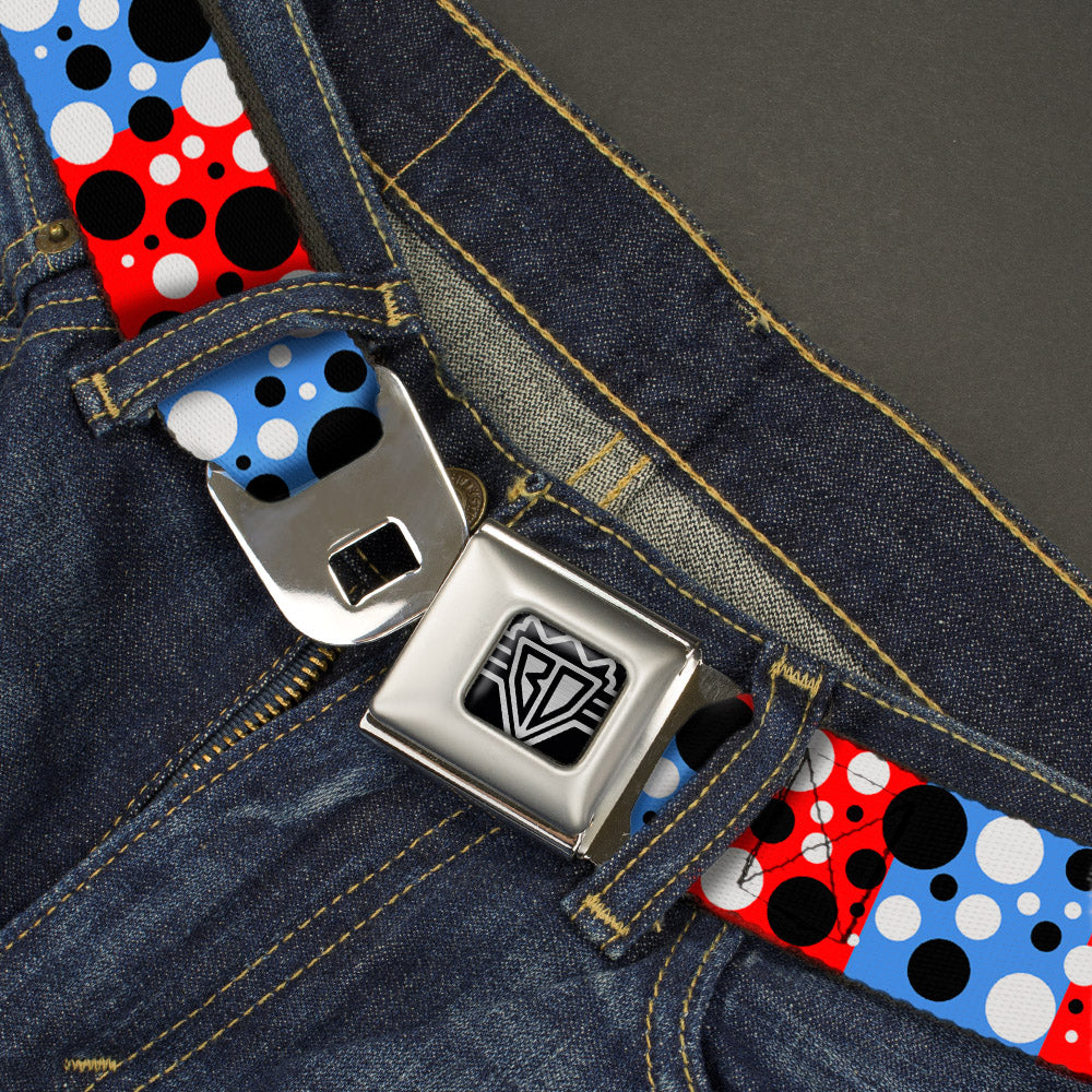 BD Wings Logo CLOSE-UP Full Color Black Silver Seatbelt Belt - Dot Blocks Blue/Red/Black/White Webbing Seatbelt Belts Buckle-Down
