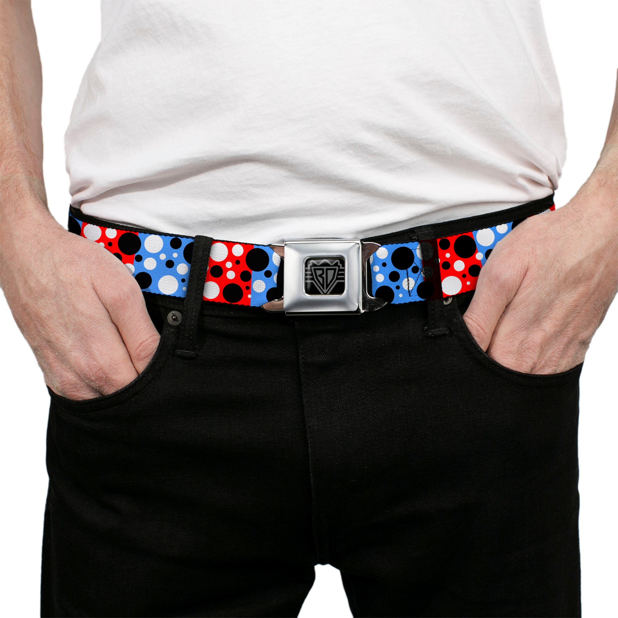 BD Wings Logo CLOSE-UP Full Color Black Silver Seatbelt Belt - Dot Blocks Blue/Red/Black/White Webbing Seatbelt Belts Buckle-Down
