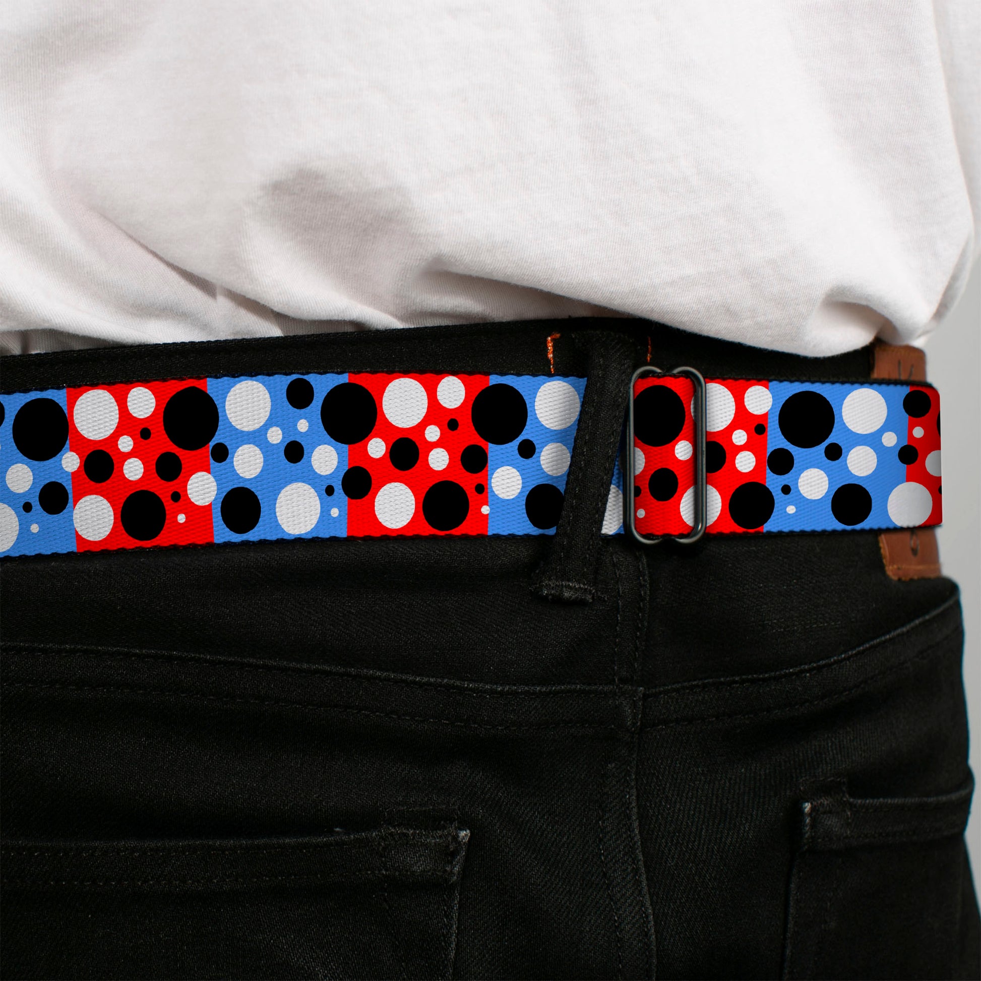 BD Wings Logo CLOSE-UP Full Color Black Silver Seatbelt Belt - Dot Blocks Blue/Red/Black/White Webbing Seatbelt Belts Buckle-Down