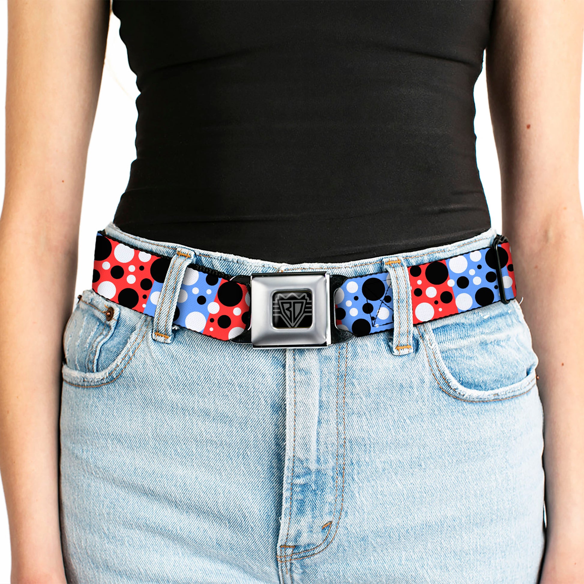 BD Wings Logo CLOSE-UP Full Color Black Silver Seatbelt Belt - Dot Blocks Blue/Red/Black/White Webbing Seatbelt Belts Buckle-Down