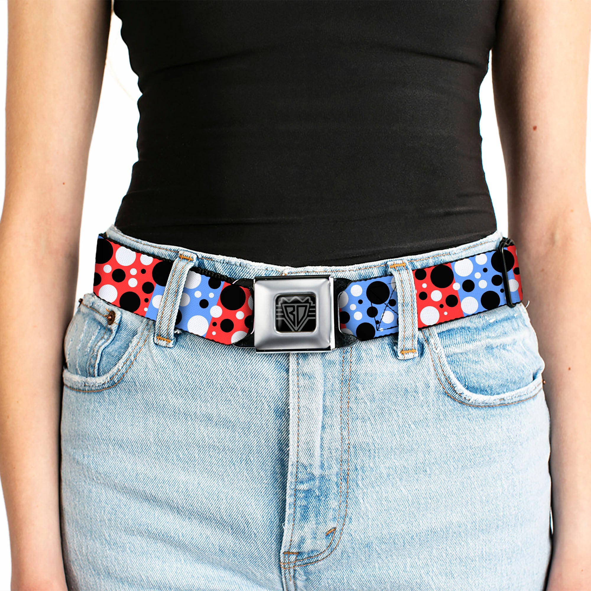 BD Wings Logo CLOSE-UP Full Color Black Silver Seatbelt Belt - Dot Blocks Blue/Red/Black/White Webbing Seatbelt Belts Buckle-Down