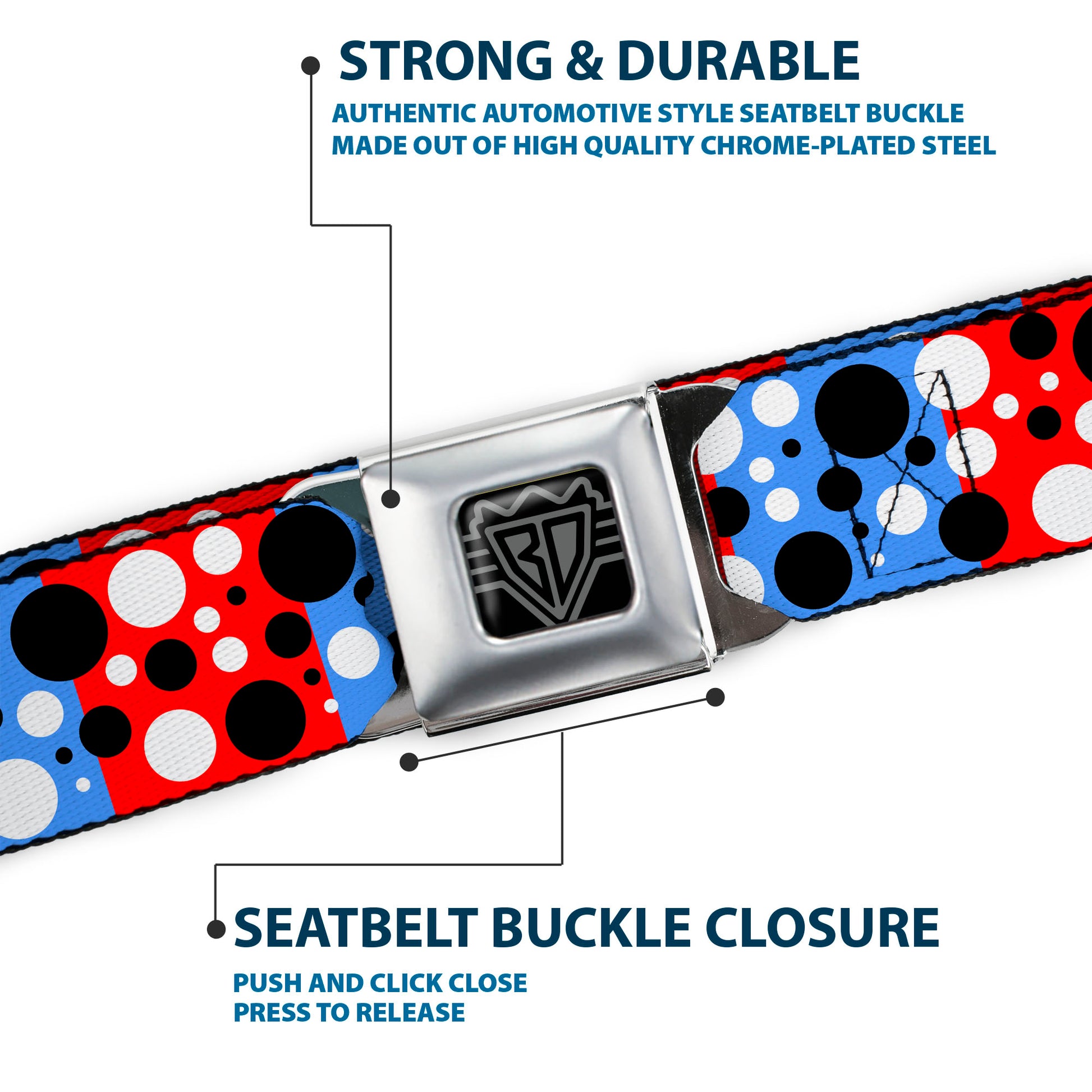 BD Wings Logo CLOSE-UP Full Color Black Silver Seatbelt Belt - Dot Blocks Blue/Red/Black/White Webbing Seatbelt Belts Buckle-Down
