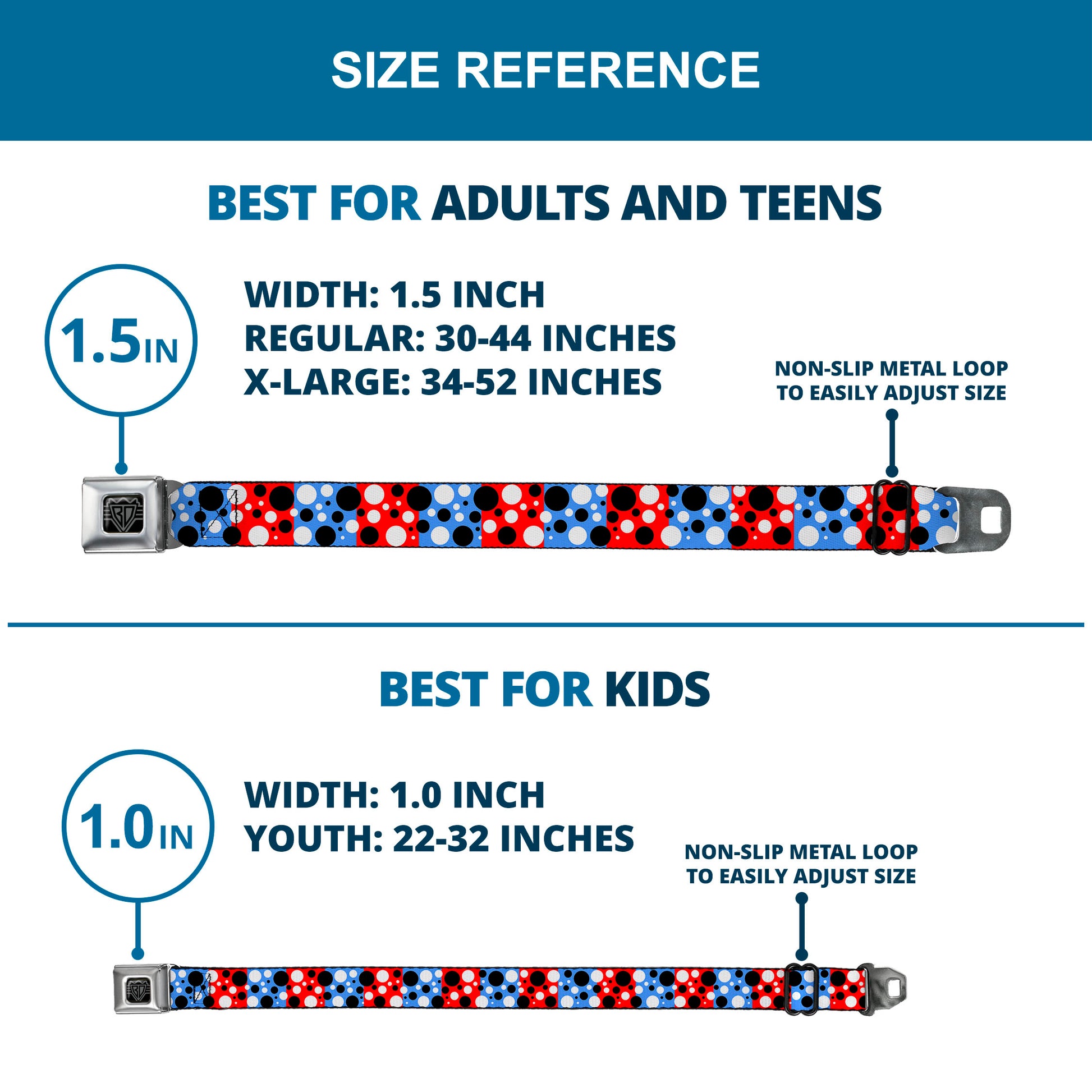 BD Wings Logo CLOSE-UP Full Color Black Silver Seatbelt Belt - Dot Blocks Blue/Red/Black/White Webbing Seatbelt Belts Buckle-Down