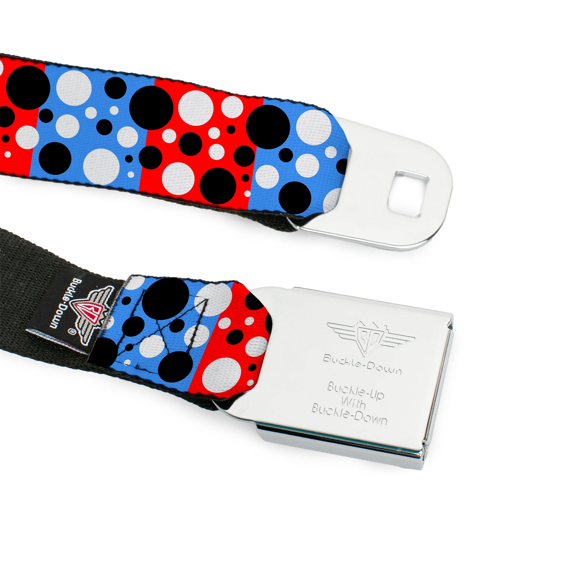 BD Wings Logo CLOSE-UP Full Color Black Silver Seatbelt Belt - Dot Blocks Blue/Red/Black/White Webbing Seatbelt Belts Buckle-Down