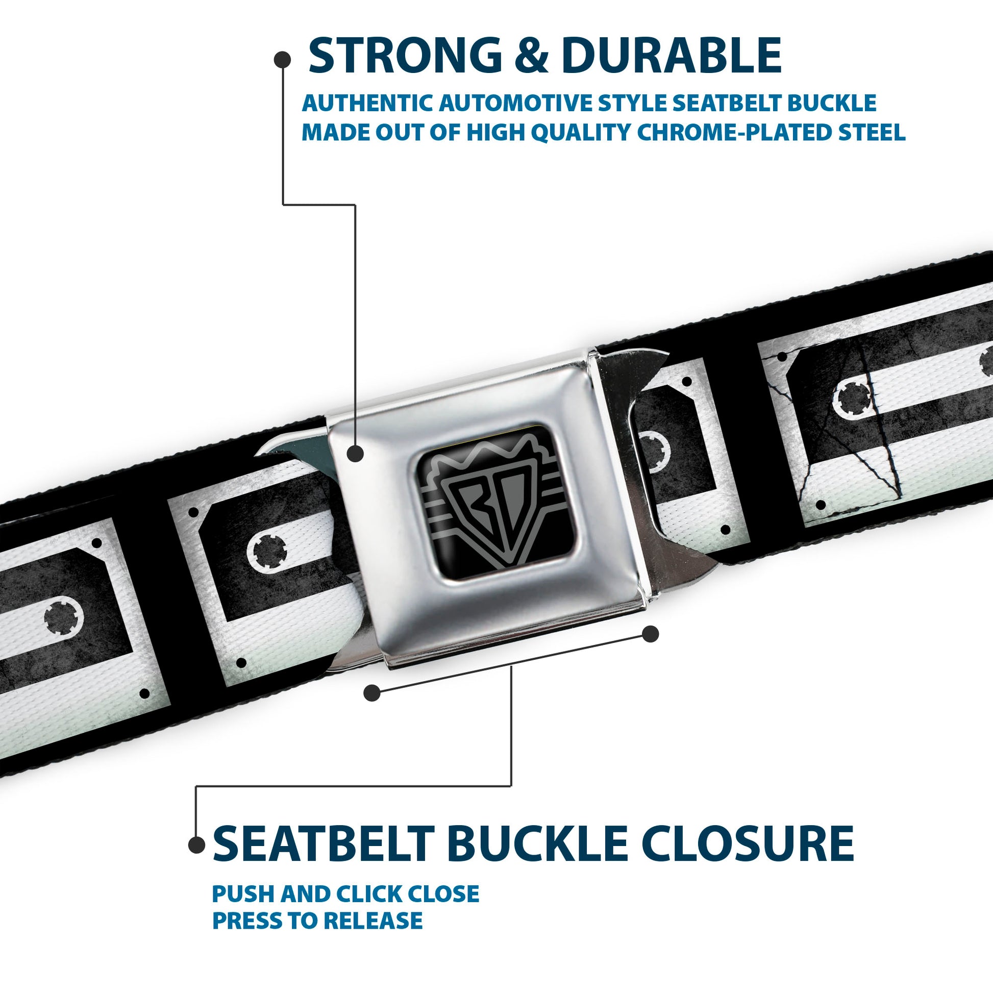 BD Wings Logo CLOSE-UP Full Color Black Silver Seatbelt Belt - DC Cassette Tape Webbing Seatbelt Belts Buckle-Down
