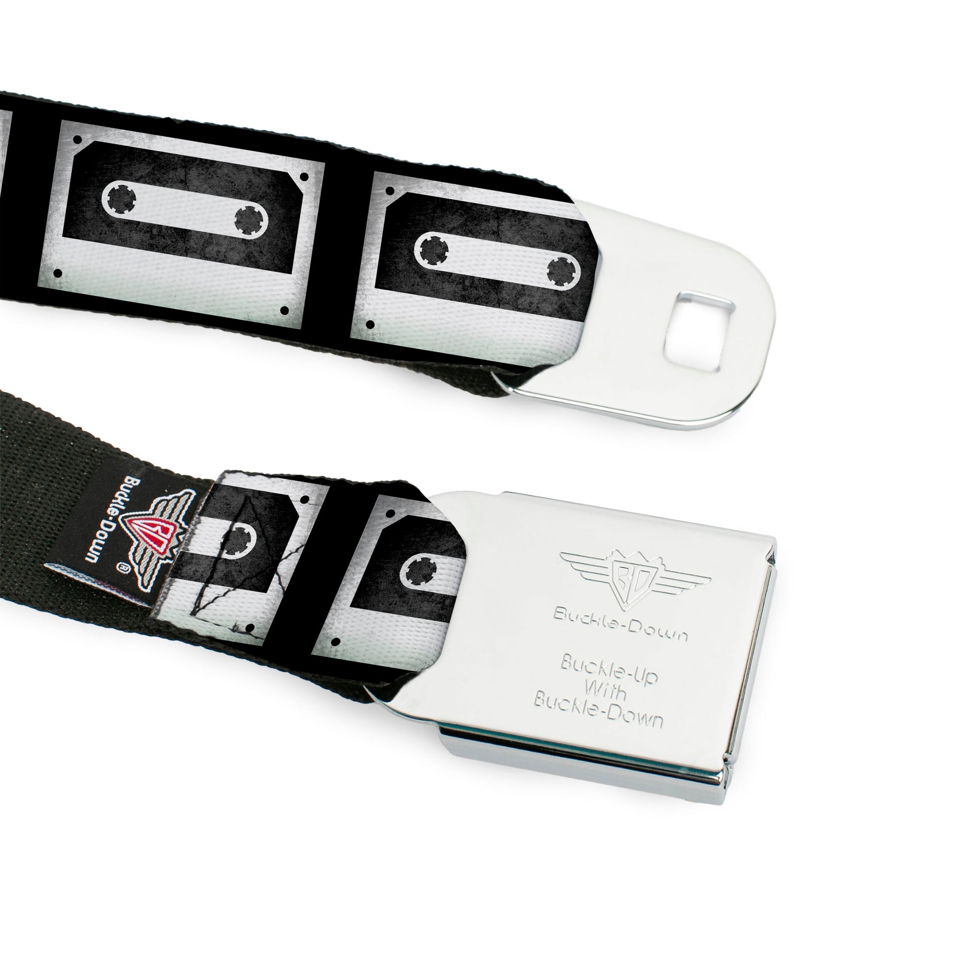 BD Wings Logo CLOSE-UP Full Color Black Silver Seatbelt Belt - DC Cassette Tape Webbing Seatbelt Belts Buckle-Down