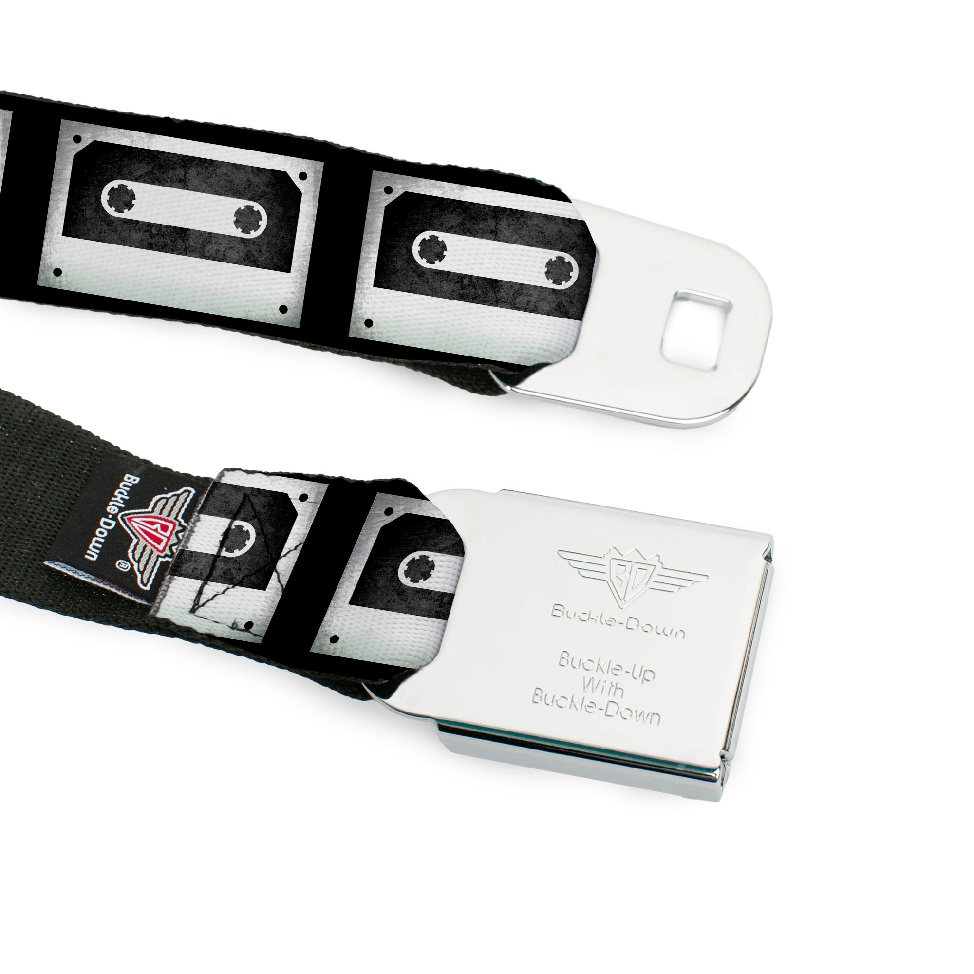 BD Wings Logo CLOSE-UP Full Color Black Silver Seatbelt Belt - DC Cassette Tape Webbing Seatbelt Belts Buckle-Down
