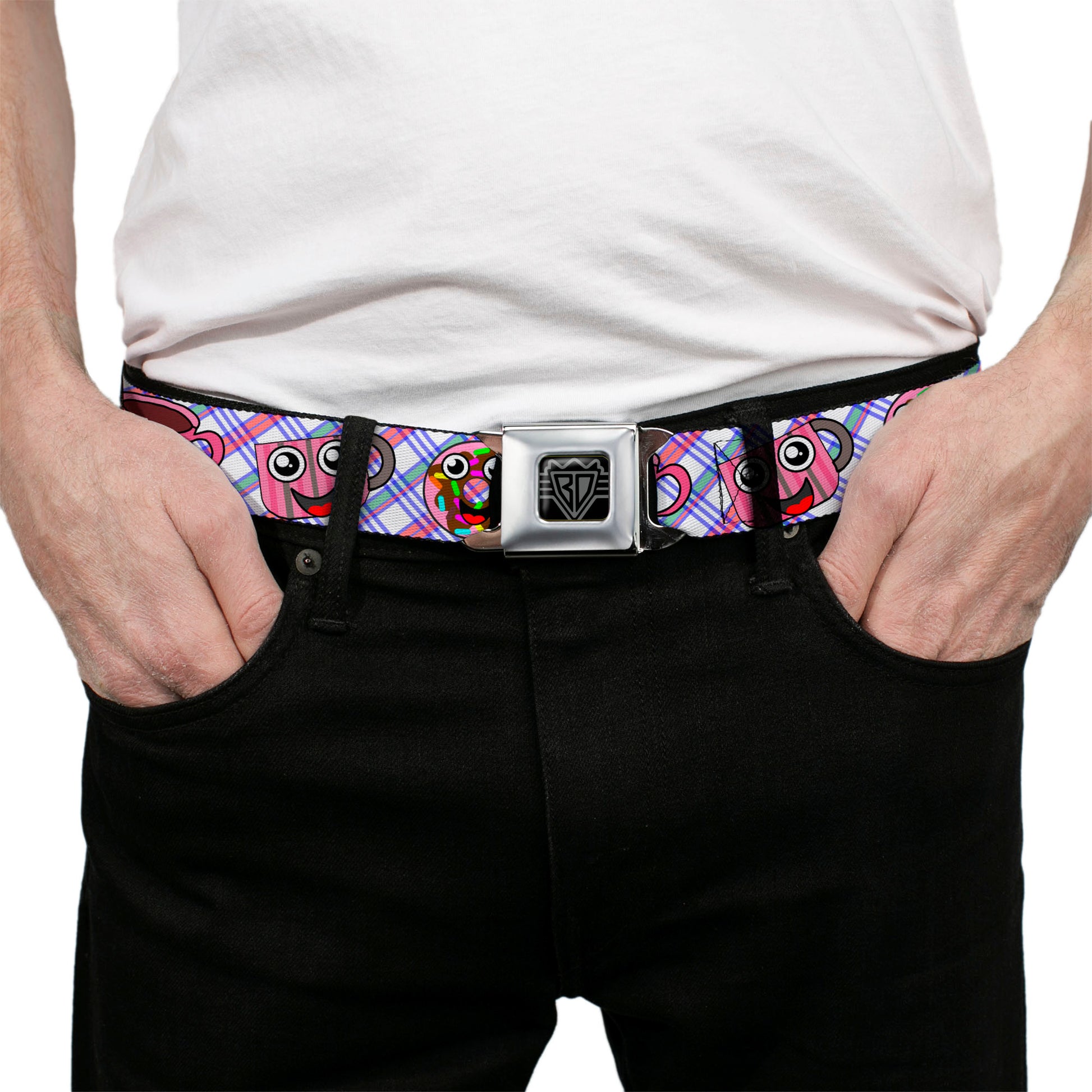 BD Wings Logo CLOSE-UP Full Color Black Silver Seatbelt Belt - Donuts & Coffee Cartoon2 Webbing Seatbelt Belts Buckle-Down