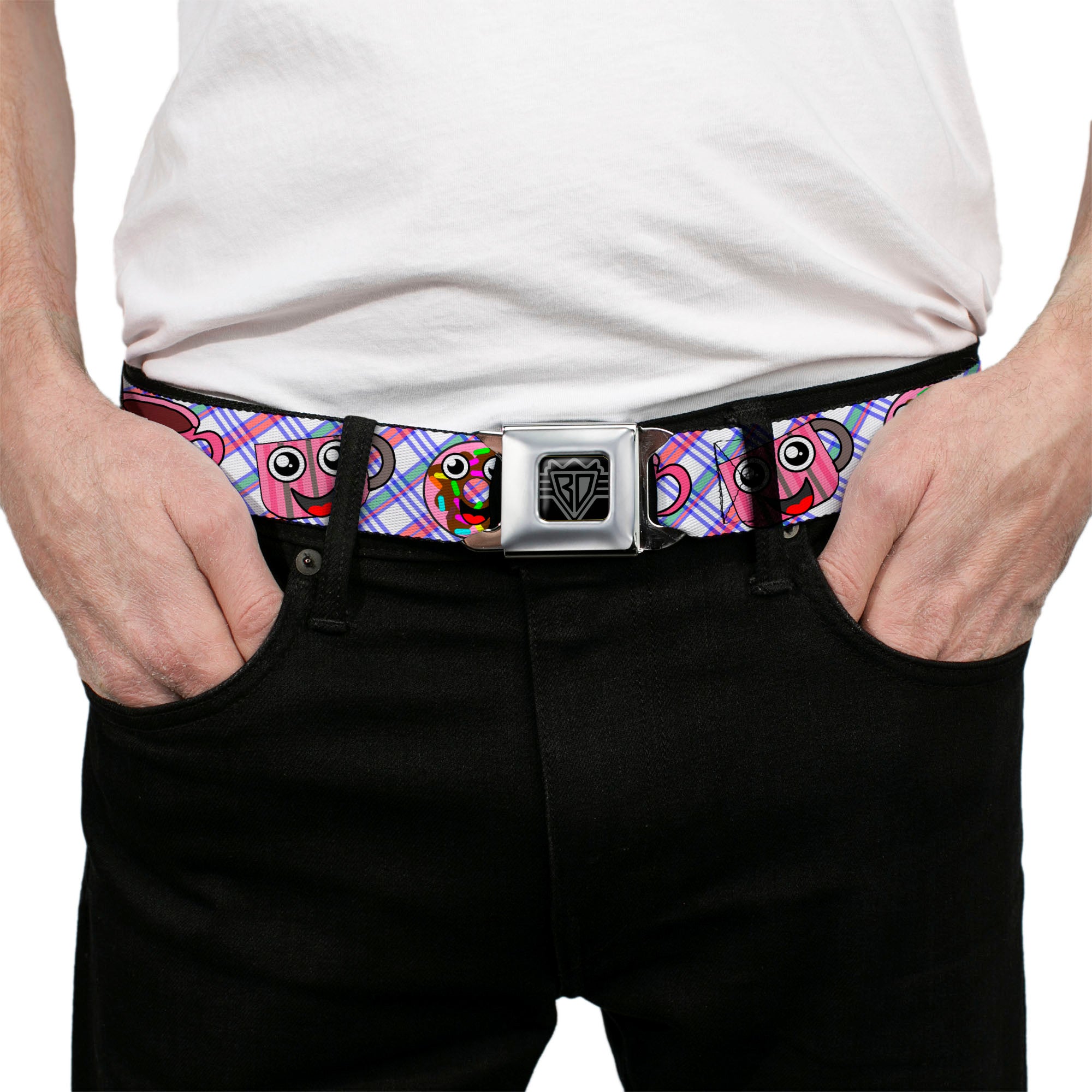 BD Wings Logo CLOSE-UP Full Color Black Silver Seatbelt Belt - Donuts & Coffee Cartoon2 Webbing Seatbelt Belts Buckle-Down