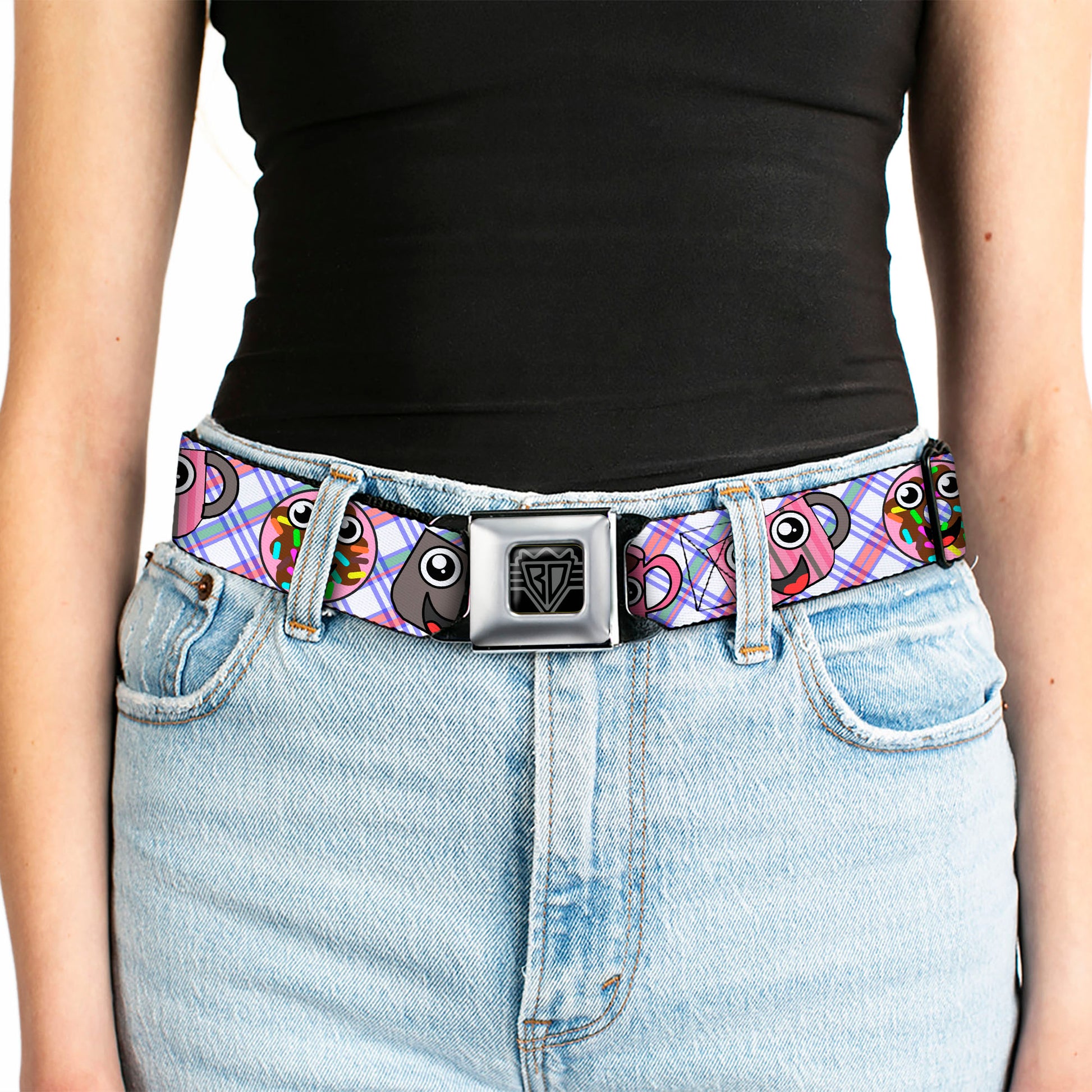 BD Wings Logo CLOSE-UP Full Color Black Silver Seatbelt Belt - Donuts & Coffee Cartoon2 Webbing Seatbelt Belts Buckle-Down