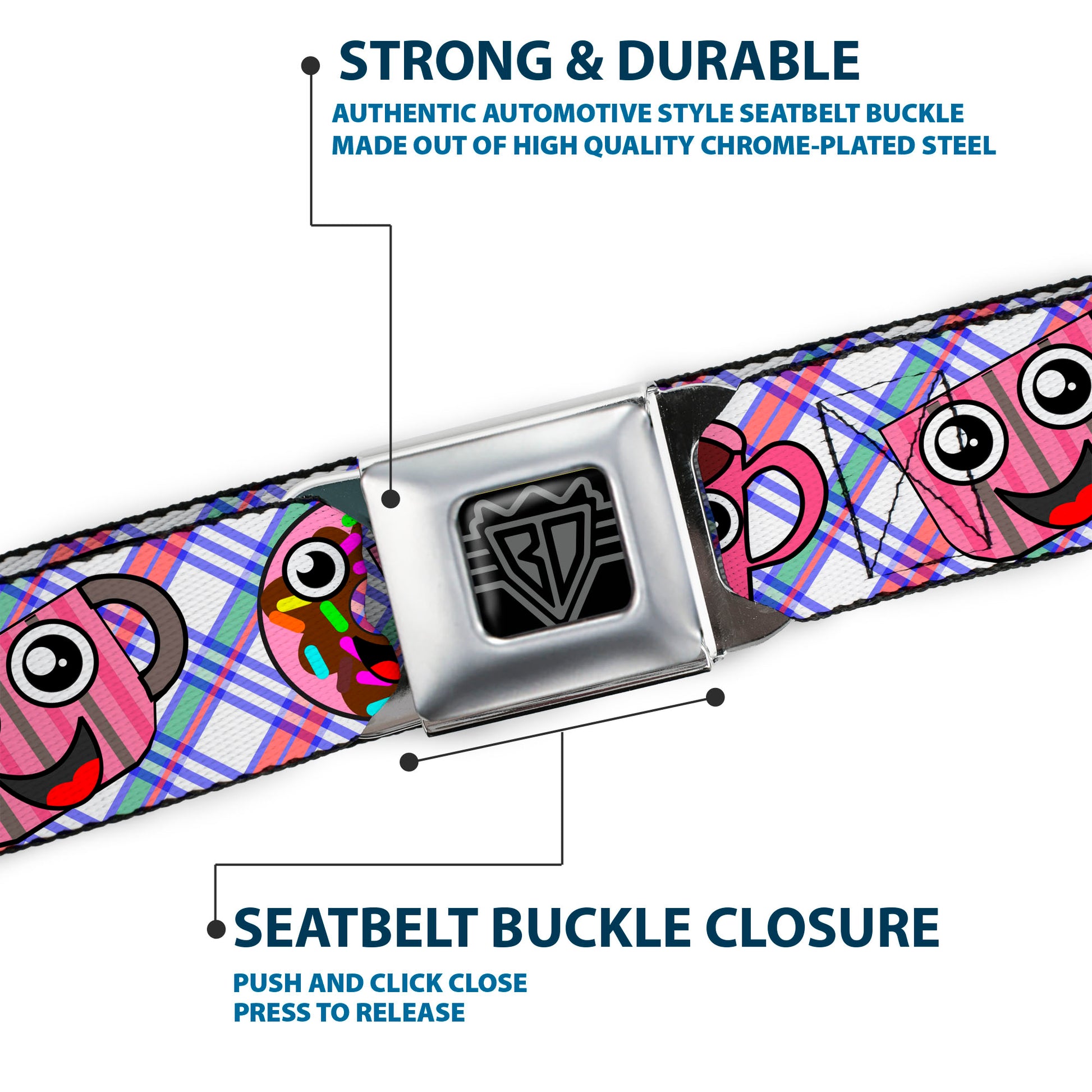 BD Wings Logo CLOSE-UP Full Color Black Silver Seatbelt Belt - Donuts & Coffee Cartoon2 Webbing Seatbelt Belts Buckle-Down