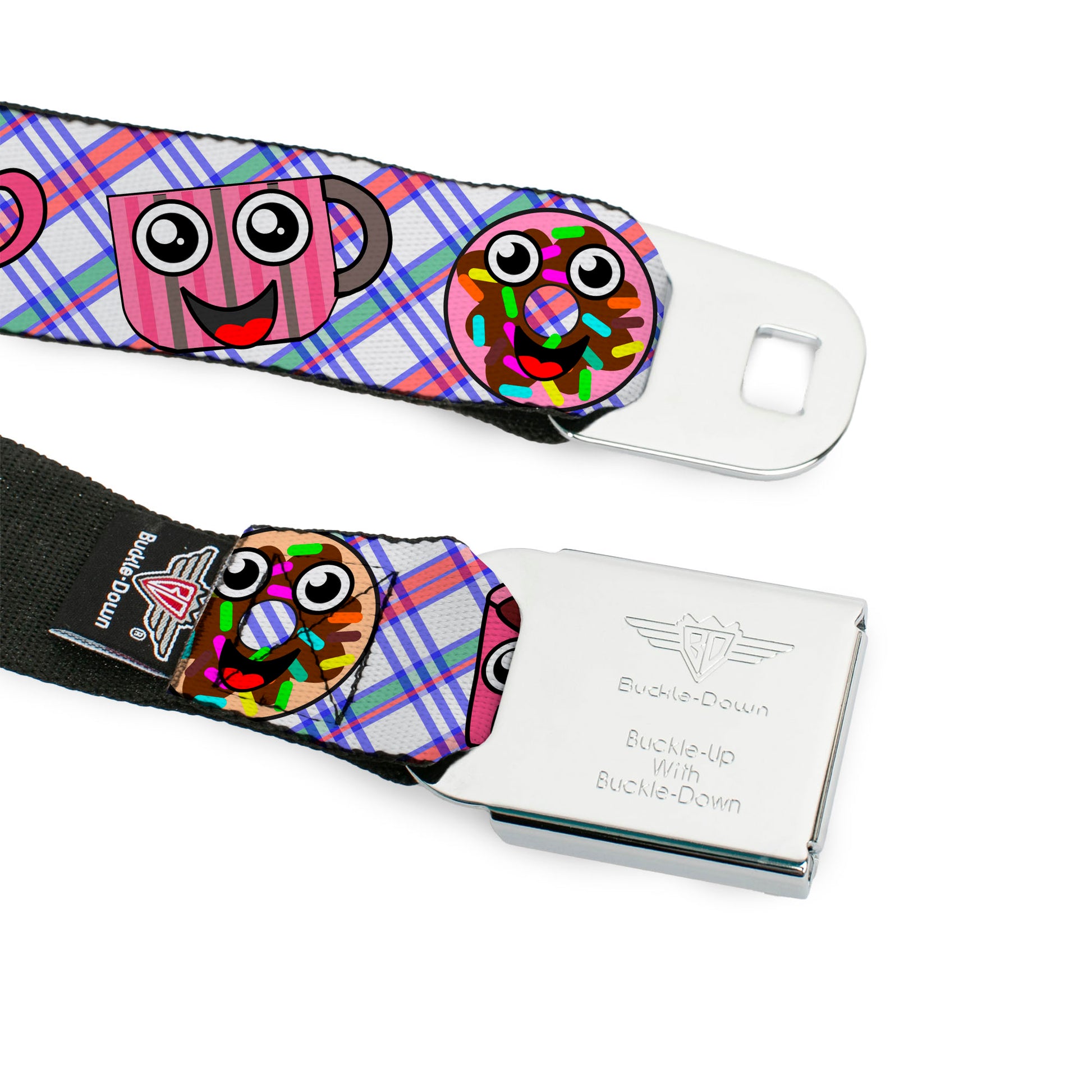 BD Wings Logo CLOSE-UP Full Color Black Silver Seatbelt Belt - Donuts & Coffee Cartoon2 Webbing Seatbelt Belts Buckle-Down