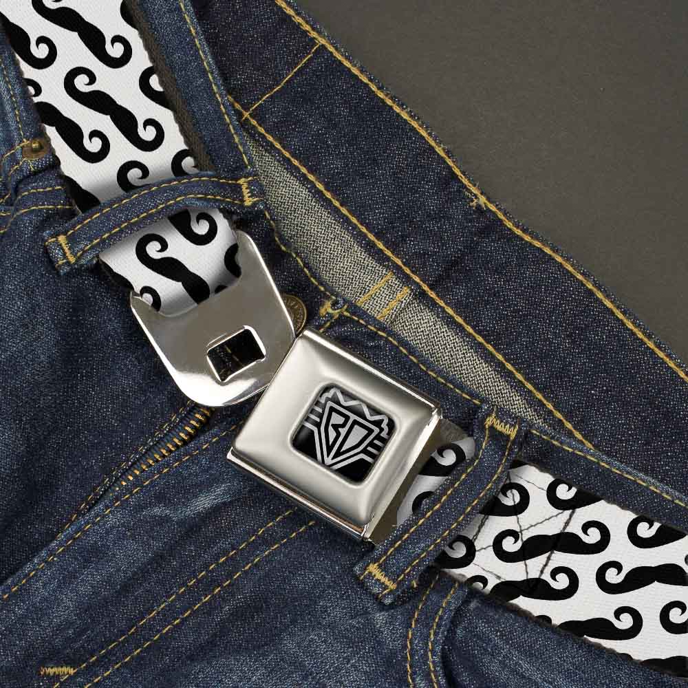 BD Wings Logo CLOSE-UP Full Color Black Silver Seatbelt Belt - Diagonal Handlebar Mustaches White/Black Webbing Seatbelt Belts Buckle-Down