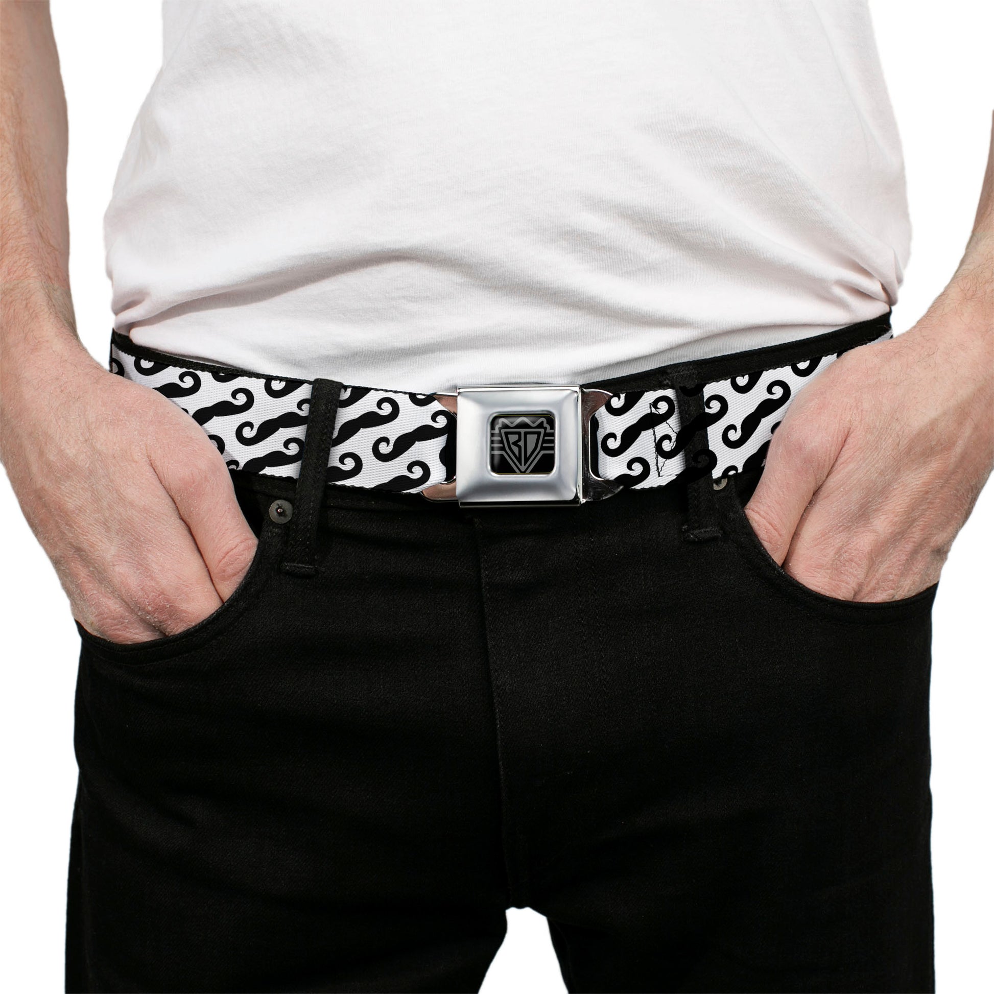 BD Wings Logo CLOSE-UP Full Color Black Silver Seatbelt Belt - Diagonal Handlebar Mustaches White/Black Webbing Seatbelt Belts Buckle-Down