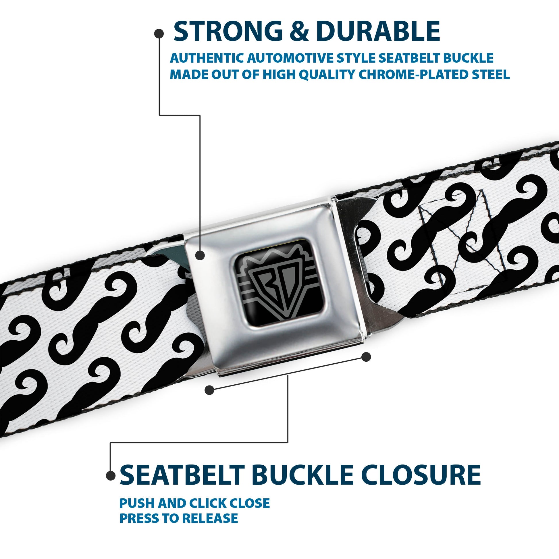 BD Wings Logo CLOSE-UP Full Color Black Silver Seatbelt Belt - Diagonal Handlebar Mustaches White/Black Webbing Seatbelt Belts Buckle-Down