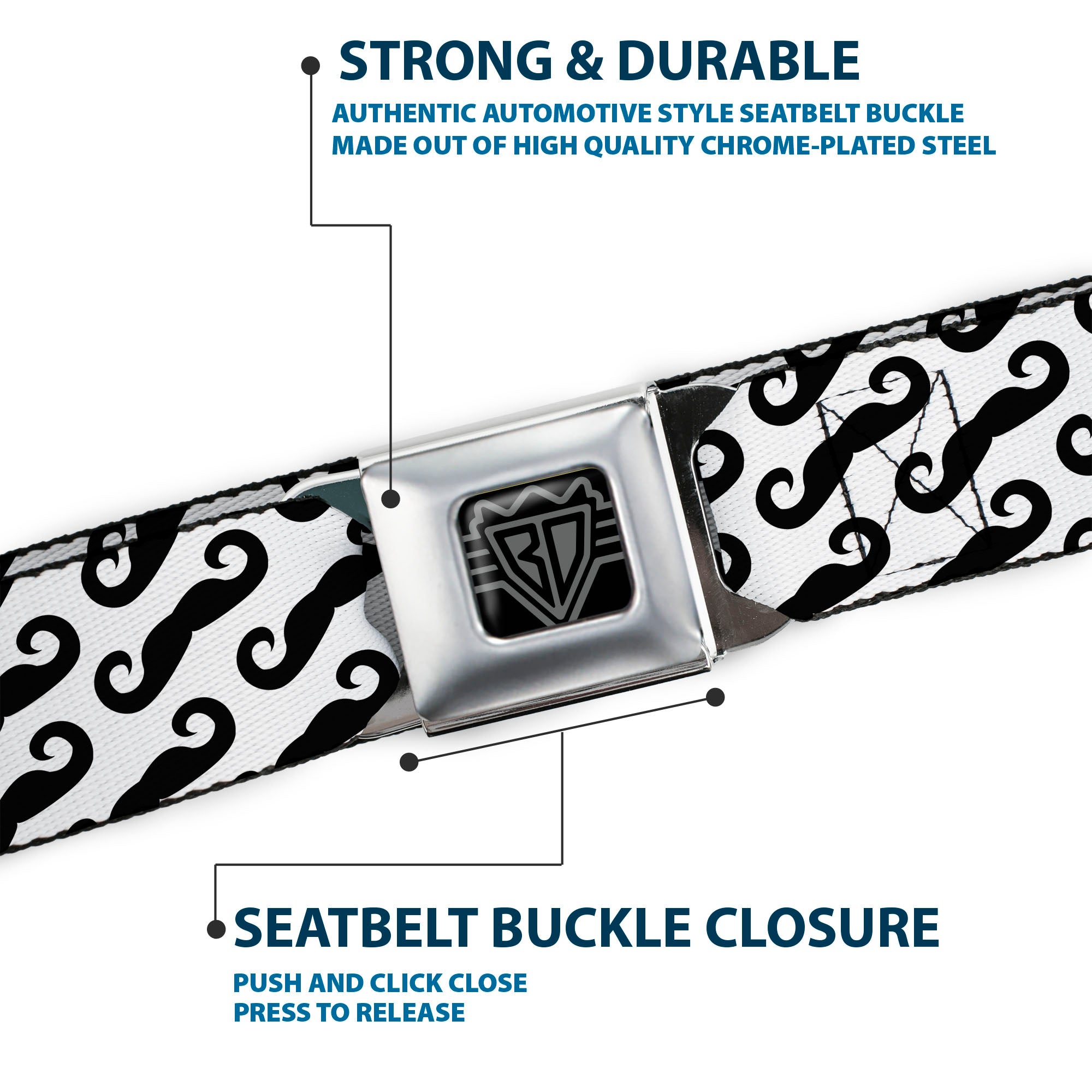 BD Wings Logo CLOSE-UP Full Color Black Silver Seatbelt Belt - Diagonal Handlebar Mustaches White/Black Webbing Seatbelt Belts Buckle-Down