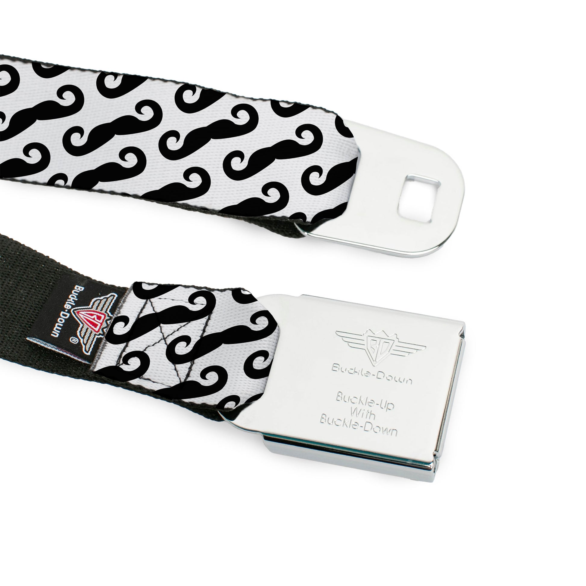 BD Wings Logo CLOSE-UP Full Color Black Silver Seatbelt Belt - Diagonal Handlebar Mustaches White/Black Webbing Seatbelt Belts Buckle-Down
