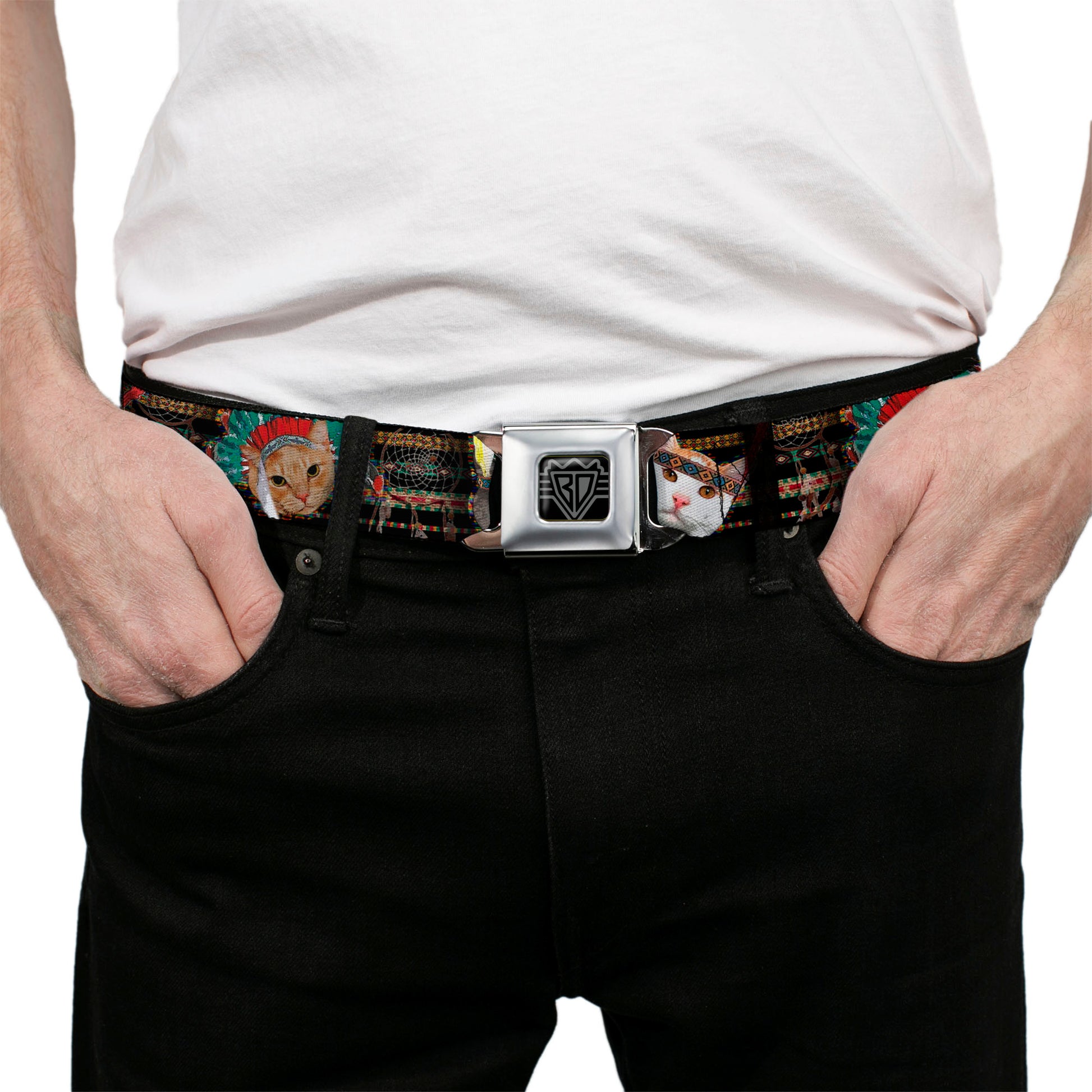 BD Wings Logo CLOSE-UP Full Color Black Silver Seatbelt Belt - Dream Catcher Cats Webbing Seatbelt Belts Buckle-Down