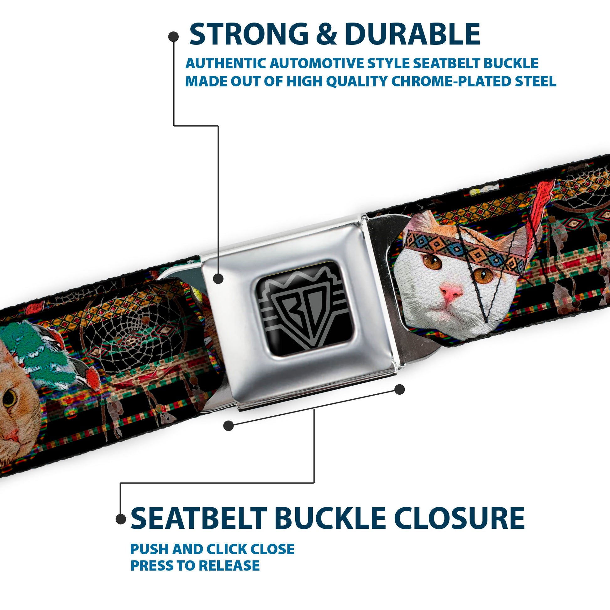 BD Wings Logo CLOSE-UP Full Color Black Silver Seatbelt Belt - Dream Catcher Cats Webbing Seatbelt Belts Buckle-Down