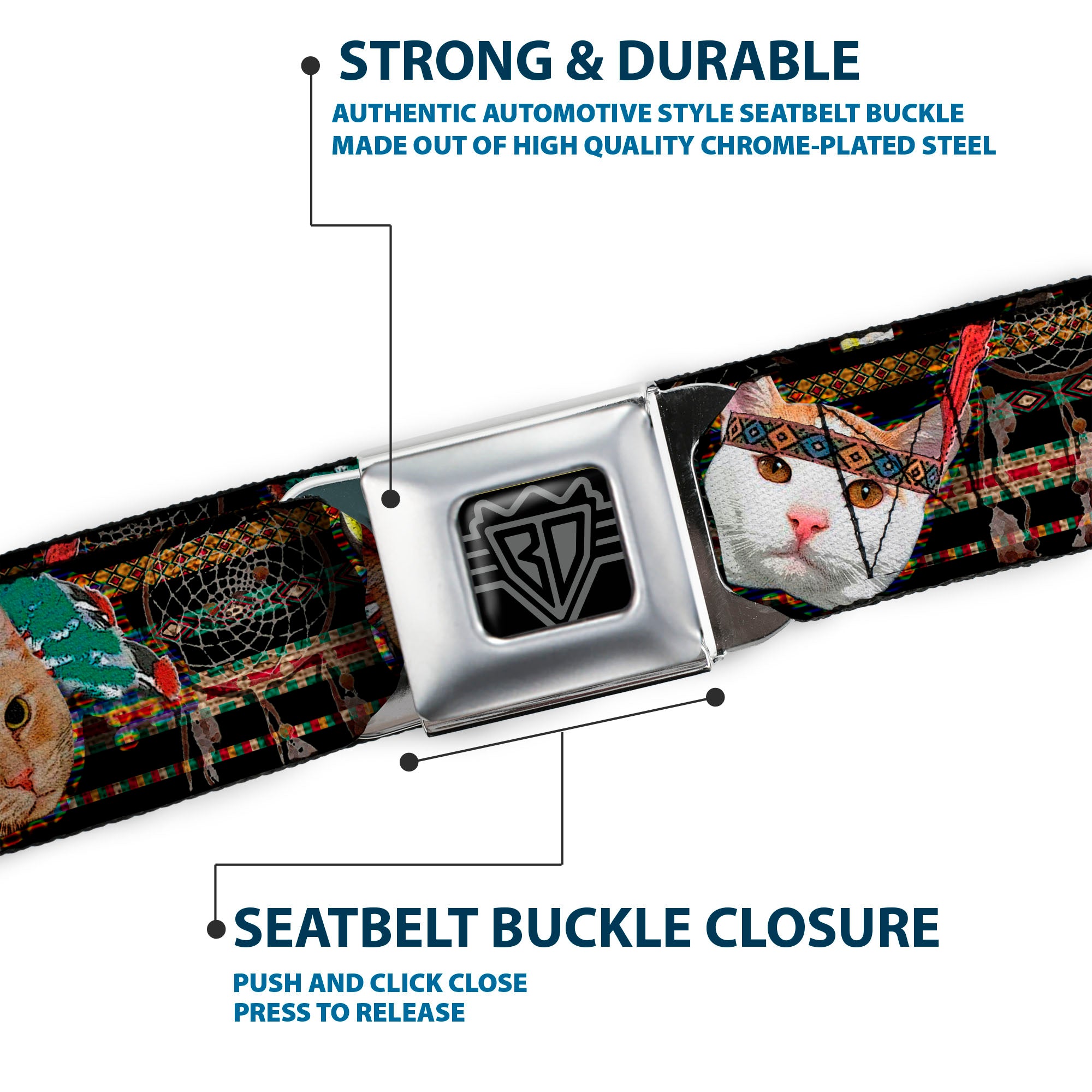 BD Wings Logo CLOSE-UP Full Color Black Silver Seatbelt Belt - Dream Catcher Cats Webbing Seatbelt Belts Buckle-Down