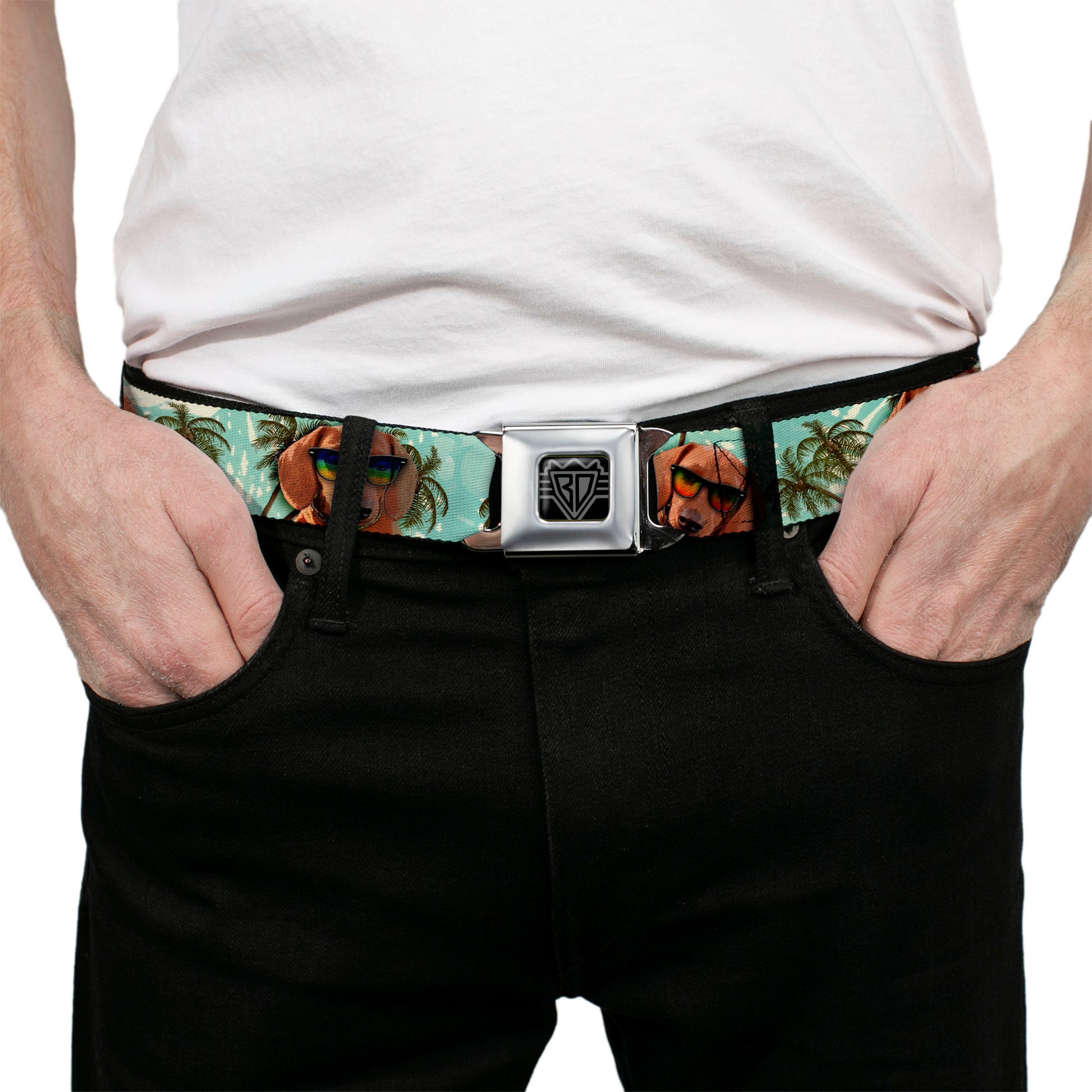 BD Wings Logo CLOSE-UP Full Color Black Silver Seatbelt Belt - Dachshund in Shades w/Palm Trees Webbing Seatbelt Belts Buckle-Down