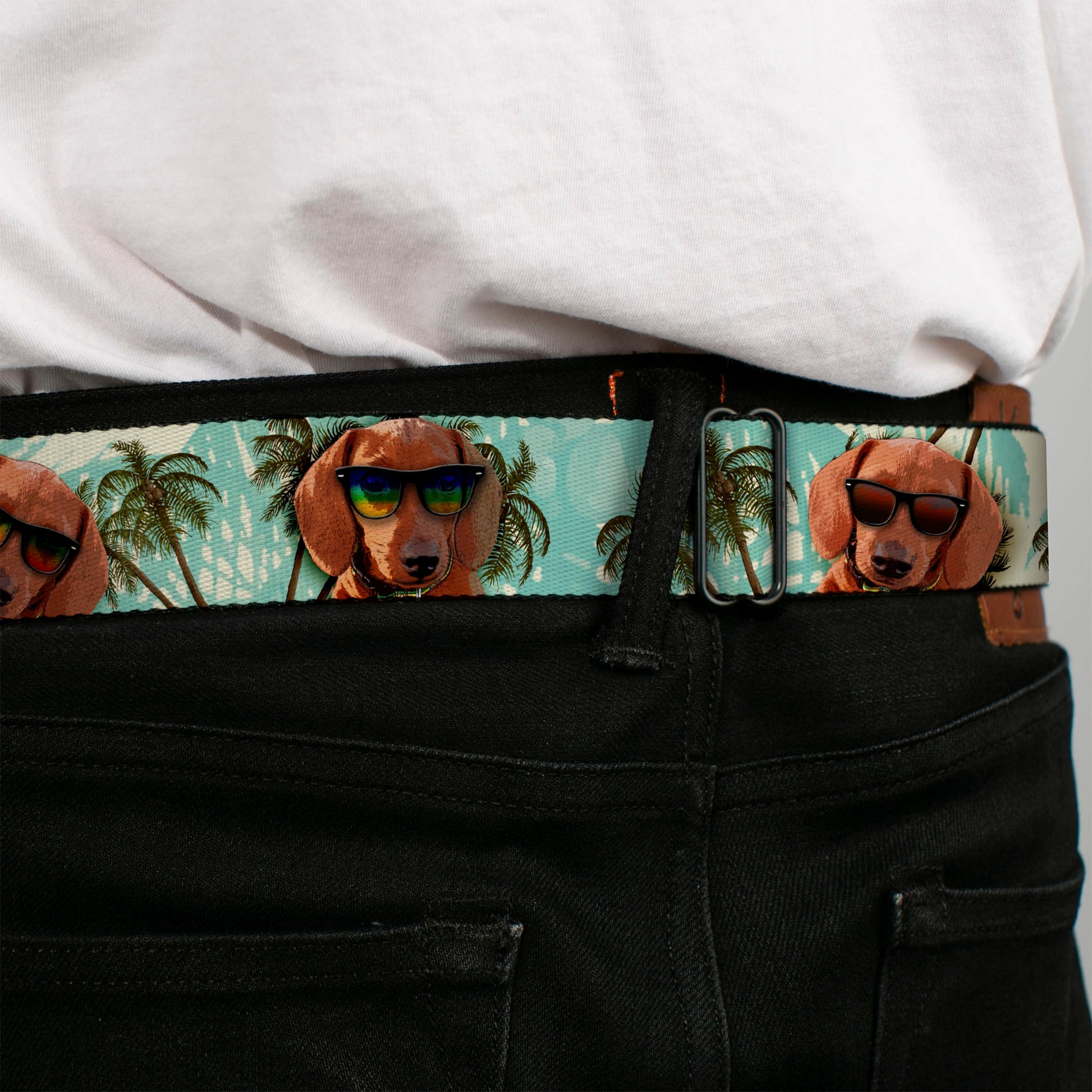 BD Wings Logo CLOSE-UP Full Color Black Silver Seatbelt Belt - Dachshund in Shades w/Palm Trees Webbing Seatbelt Belts Buckle-Down