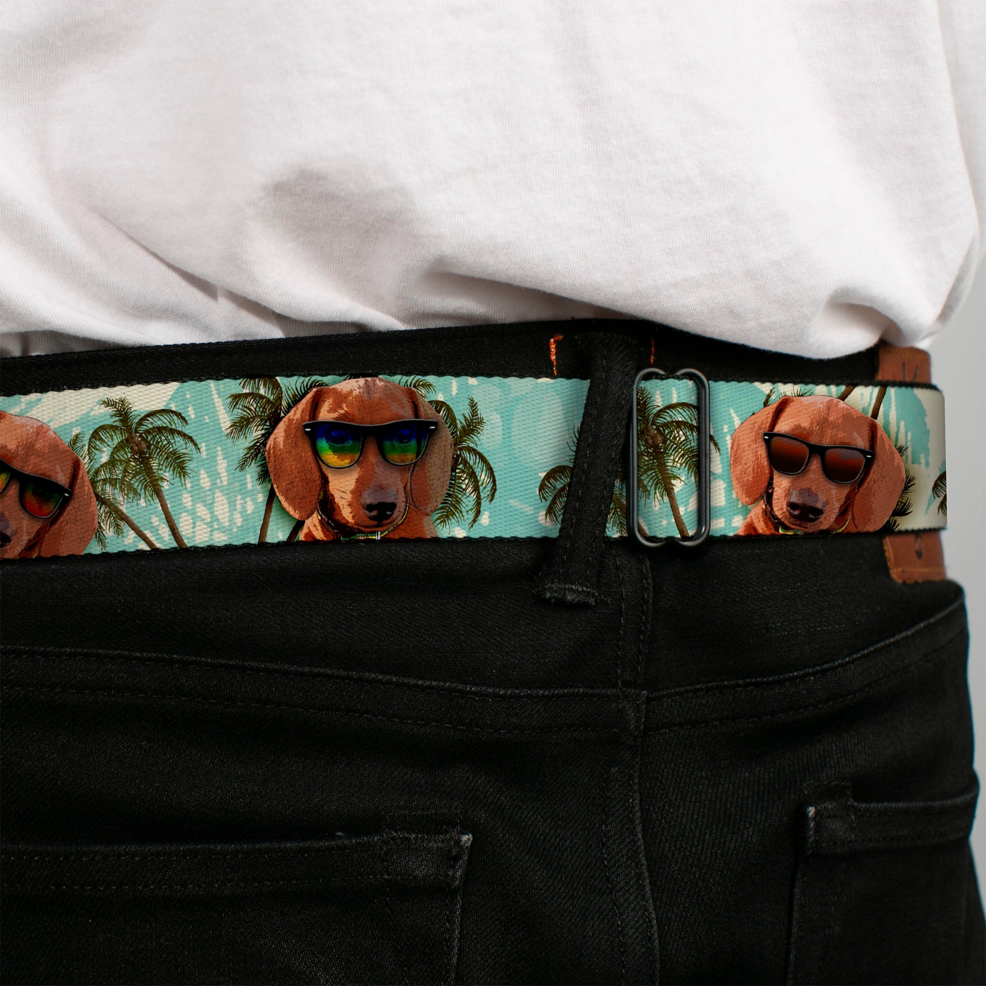 BD Wings Logo CLOSE-UP Full Color Black Silver Seatbelt Belt - Dachshund in Shades w/Palm Trees Webbing Seatbelt Belts Buckle-Down